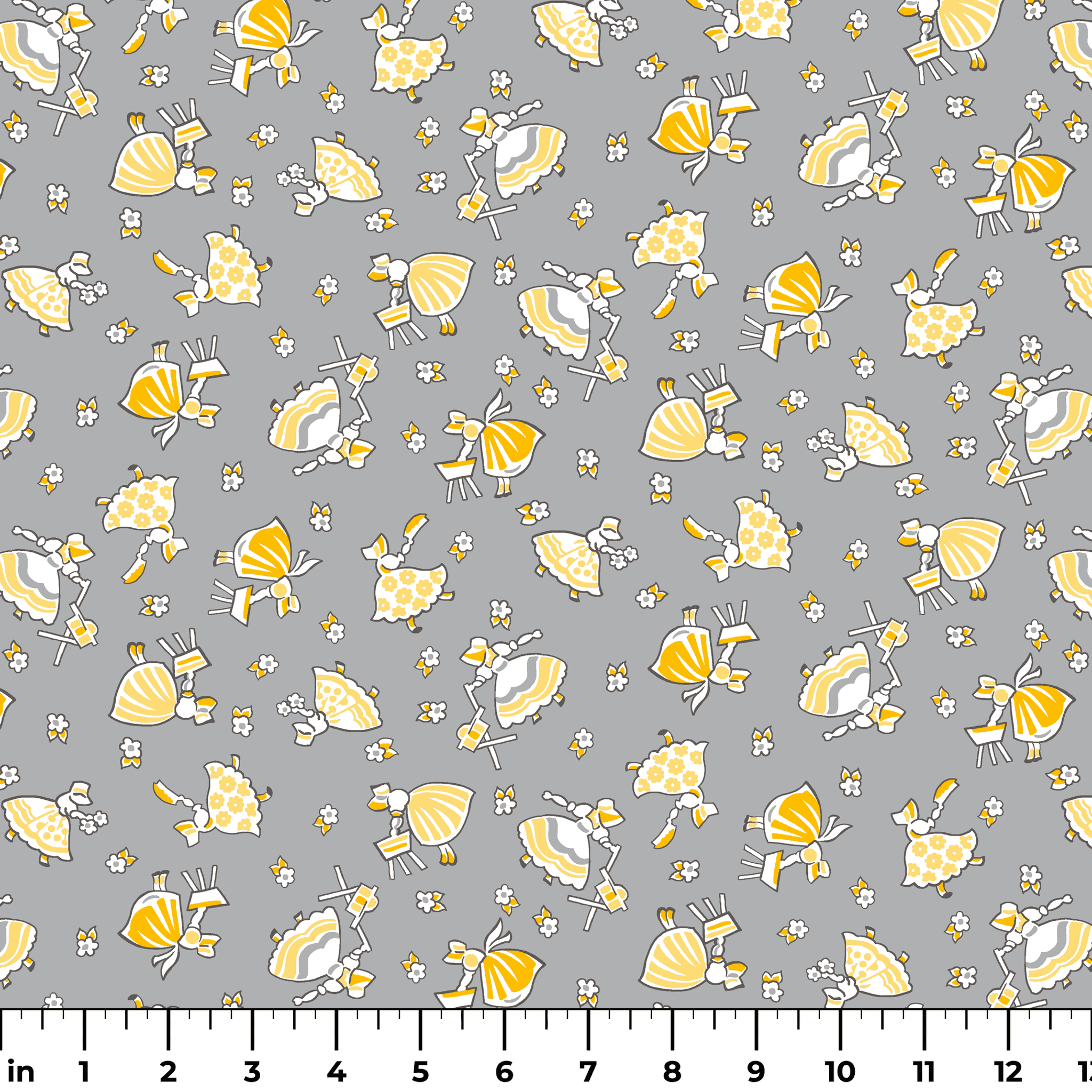 Vintage-style pattern with yellow, white ladies, flowers on gray background.