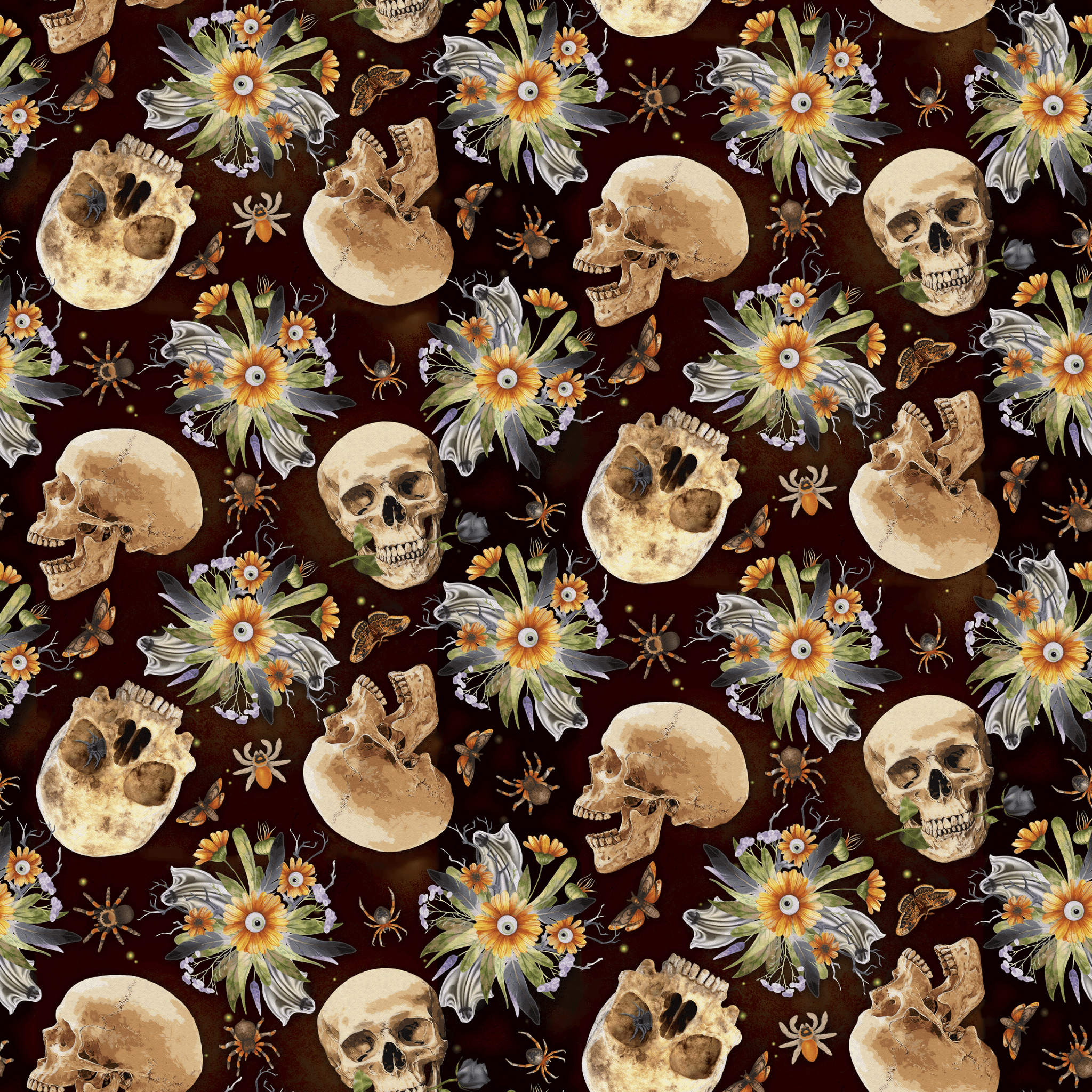 Repeated skulls, vibrant floral eyes, insects on dark background.
