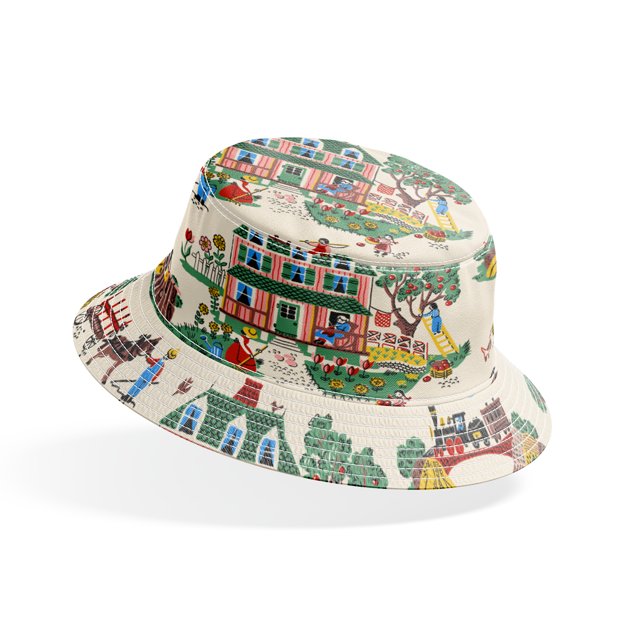 Colorful folk art illustration of country scenes with pink farmhouse, barns, and rural activities bucket hat mockup