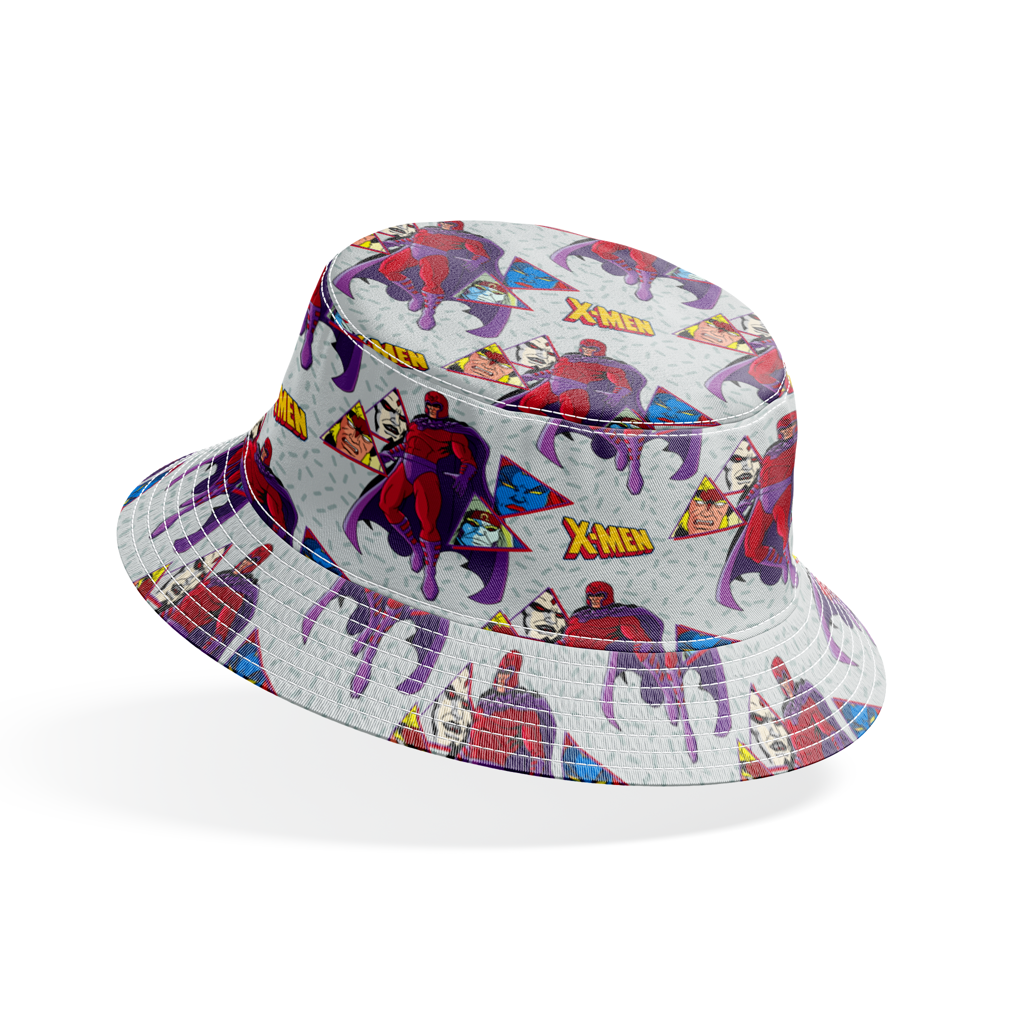 X-Men comic pattern with Magneto in purple and red costume against gray background with character portraits bucket hat mockup