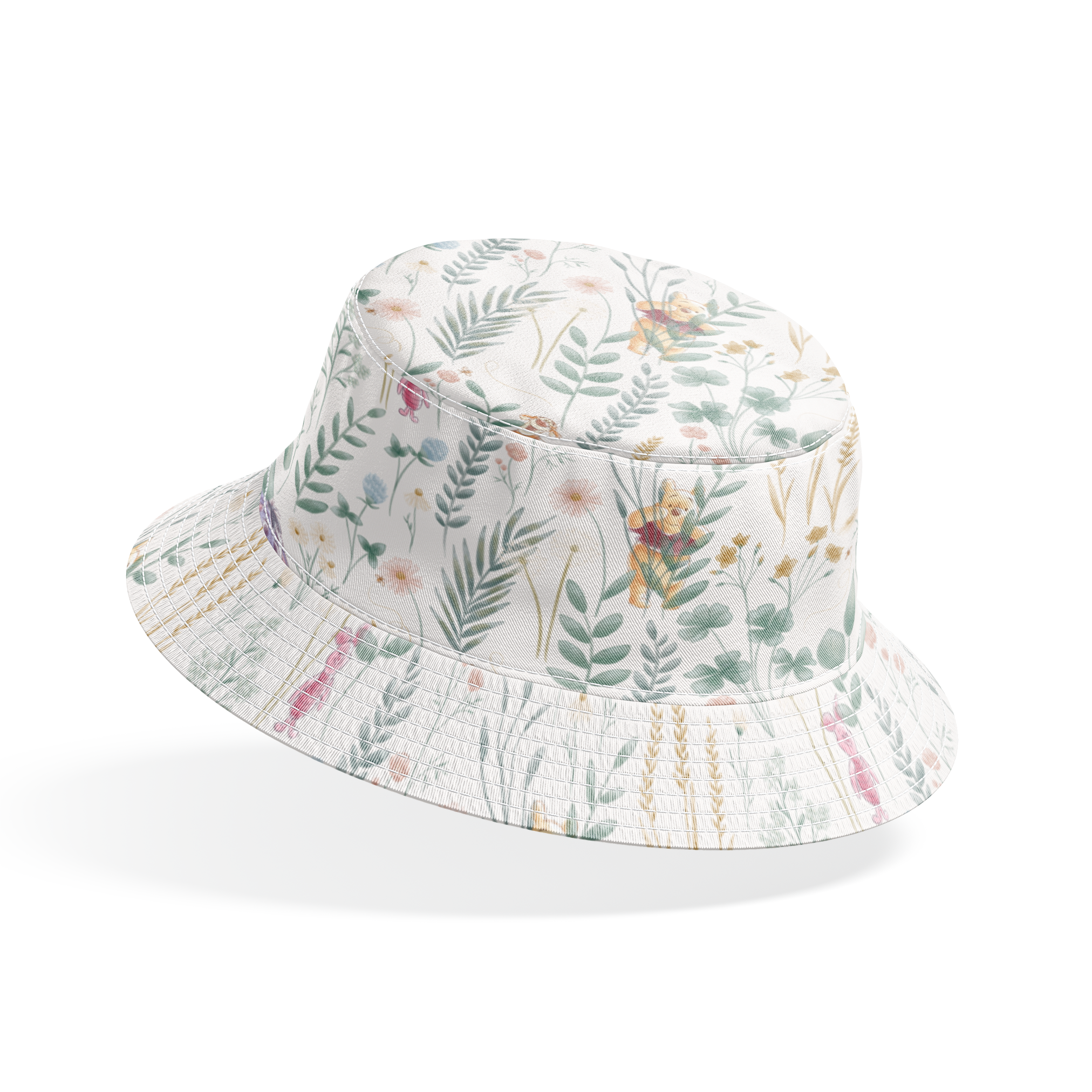 Whimsical botanical pattern with colorful teddy bears and creatures among green plants and flowers bucket hat mockup