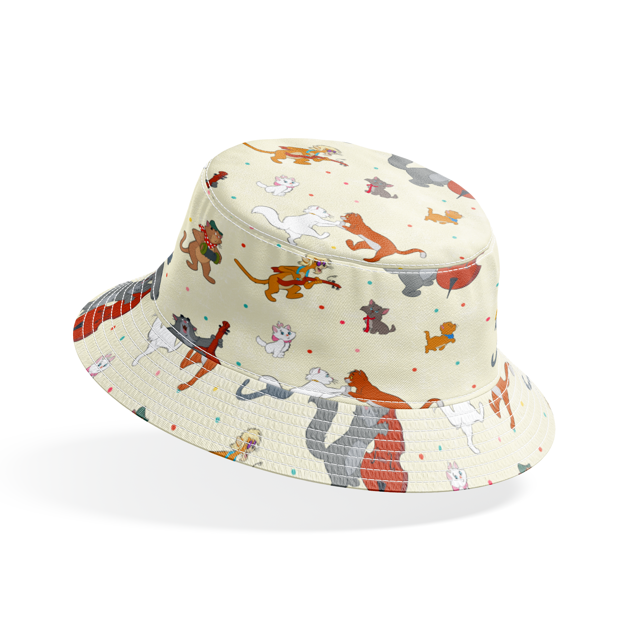 Musical cats and dogs pattern with animals playing instruments on cream background bucket hat mockup
