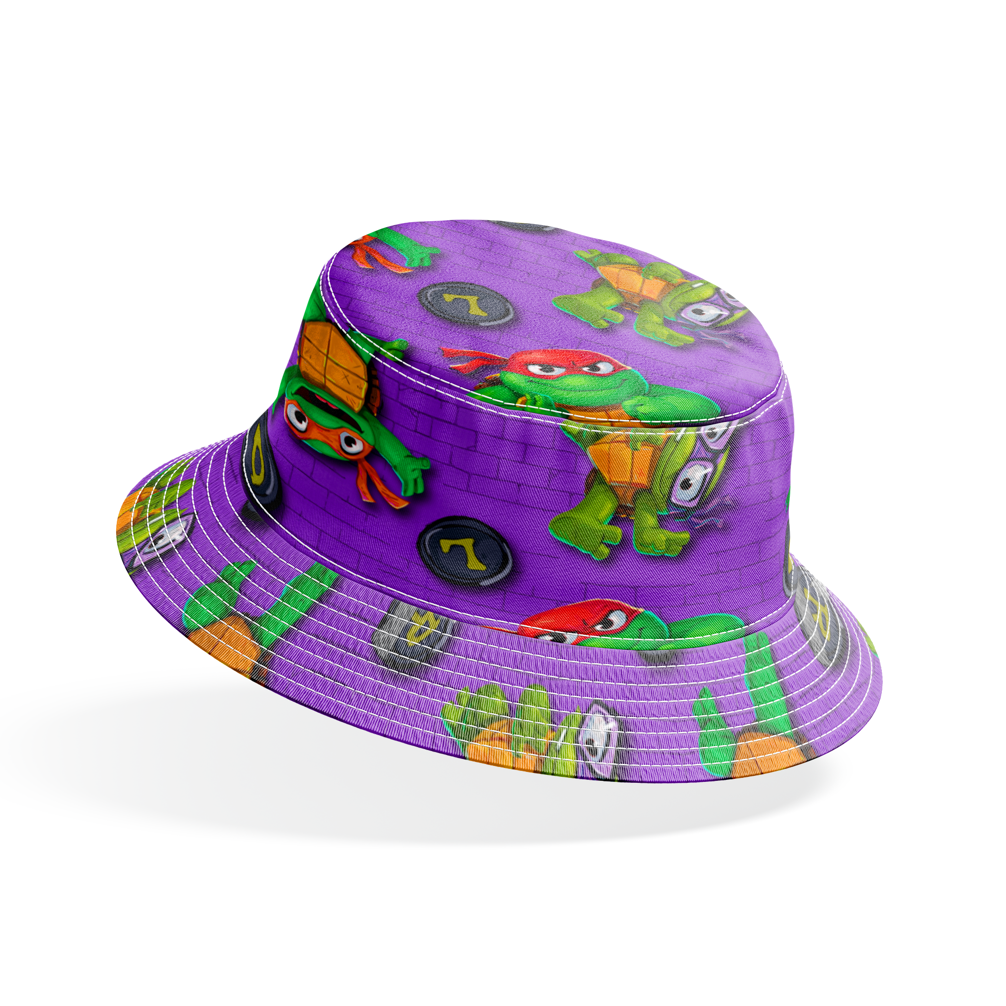 Teenage Mutant Ninja Turtles characters on a purple brick background with lettered manhole covers. bucket hat mockup