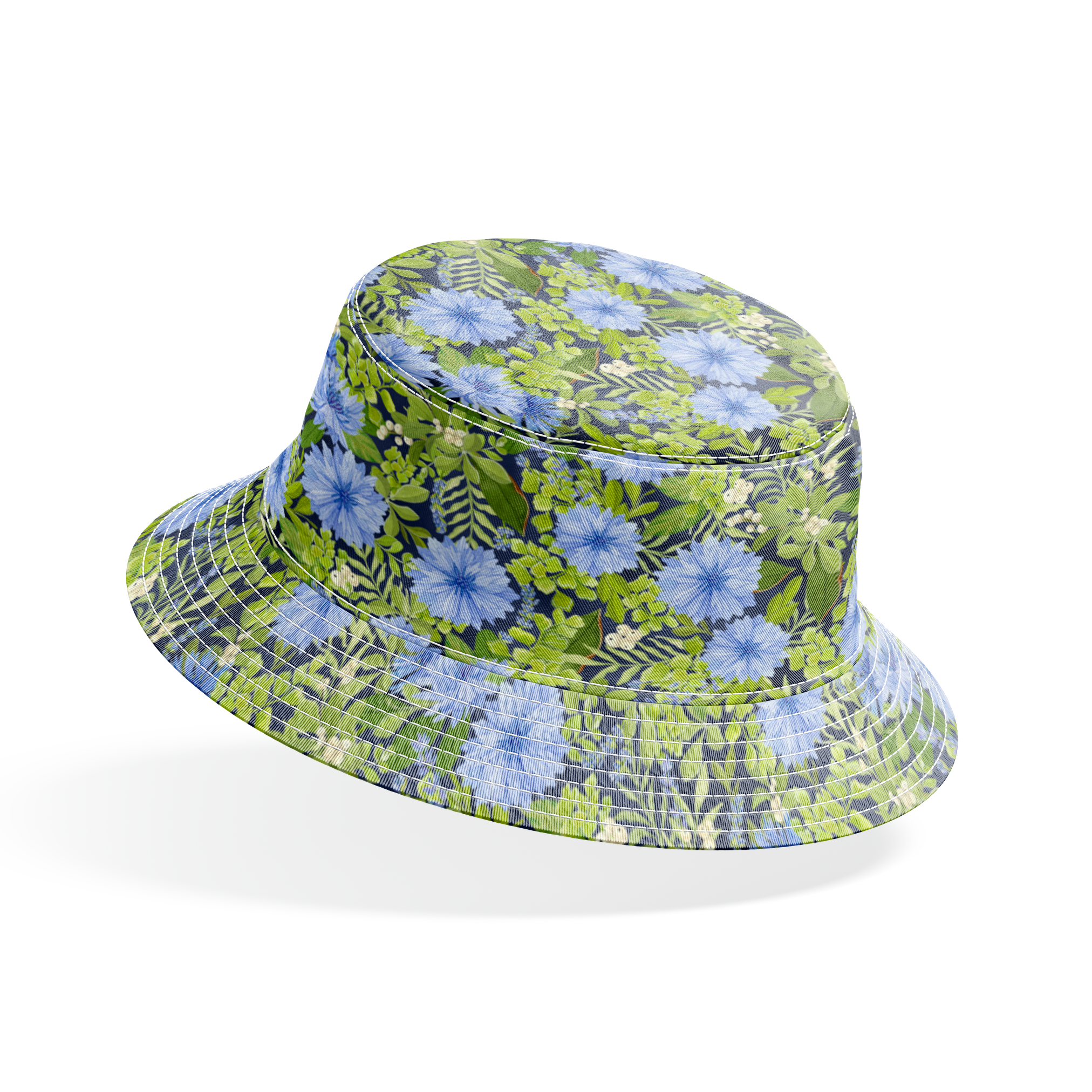 Beautiful floral pattern with light blue cornflowers and vibrant green leaves and foliage bucket hat mockup