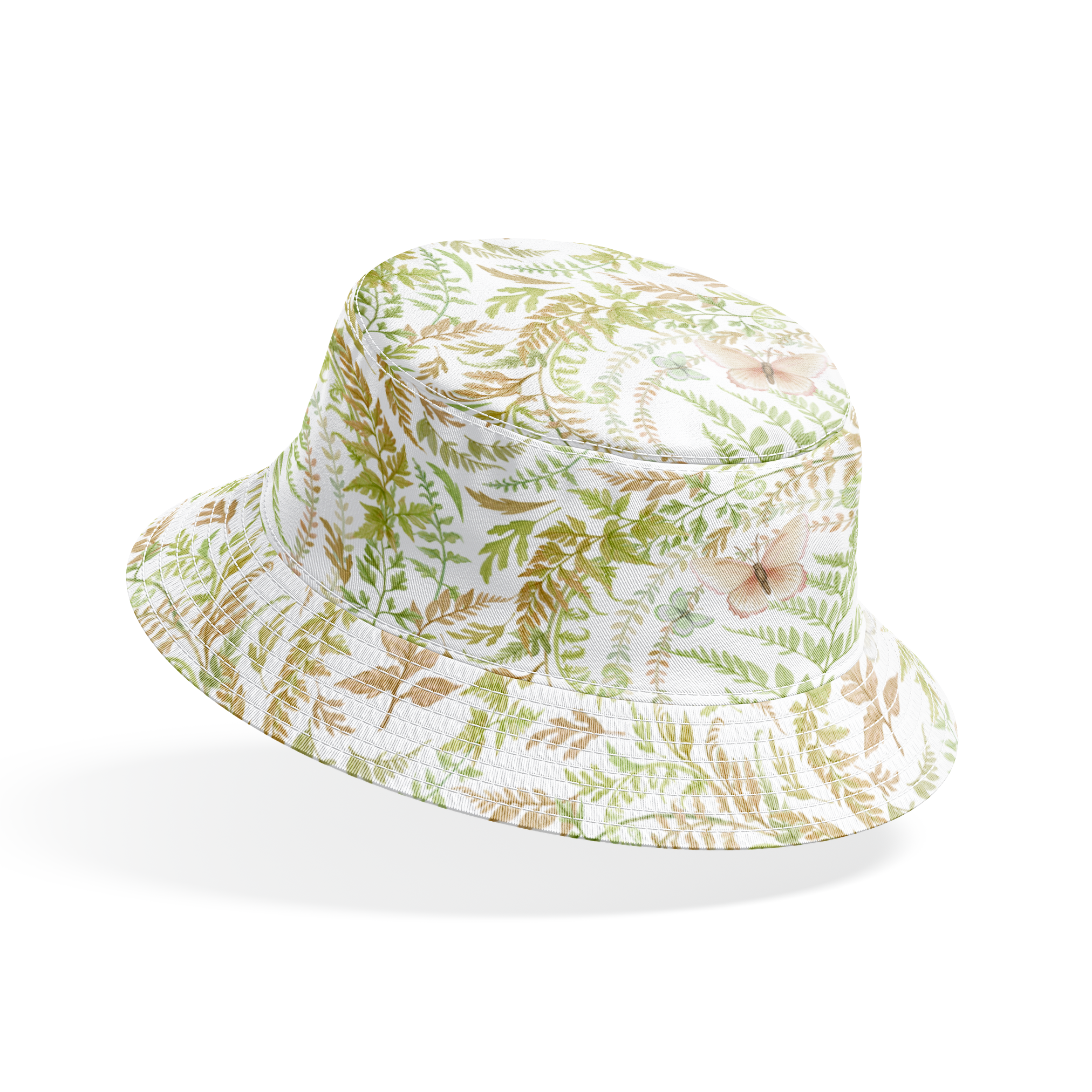 Circular botanical design featuring green ferns and blush butterflies on a white background in a Nicole Tamarin pattern. bucket hat mockup