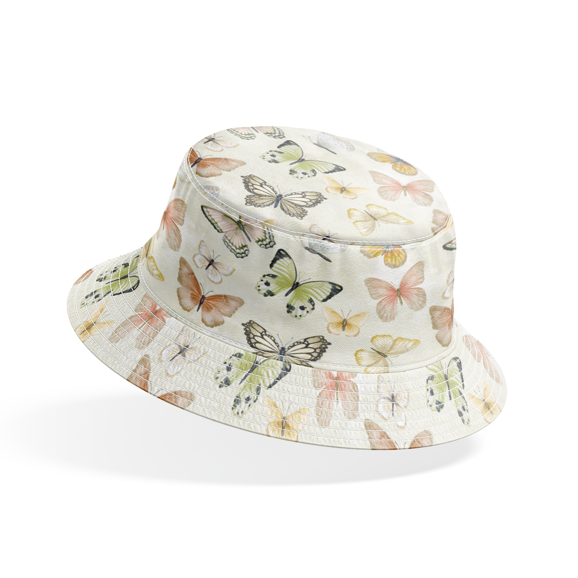 Hand-illustrated pastel butterflies in pink, blue, yellow, and sage on a cream background in a botanical-style Nicole Tamarin design. bucket hat mockup