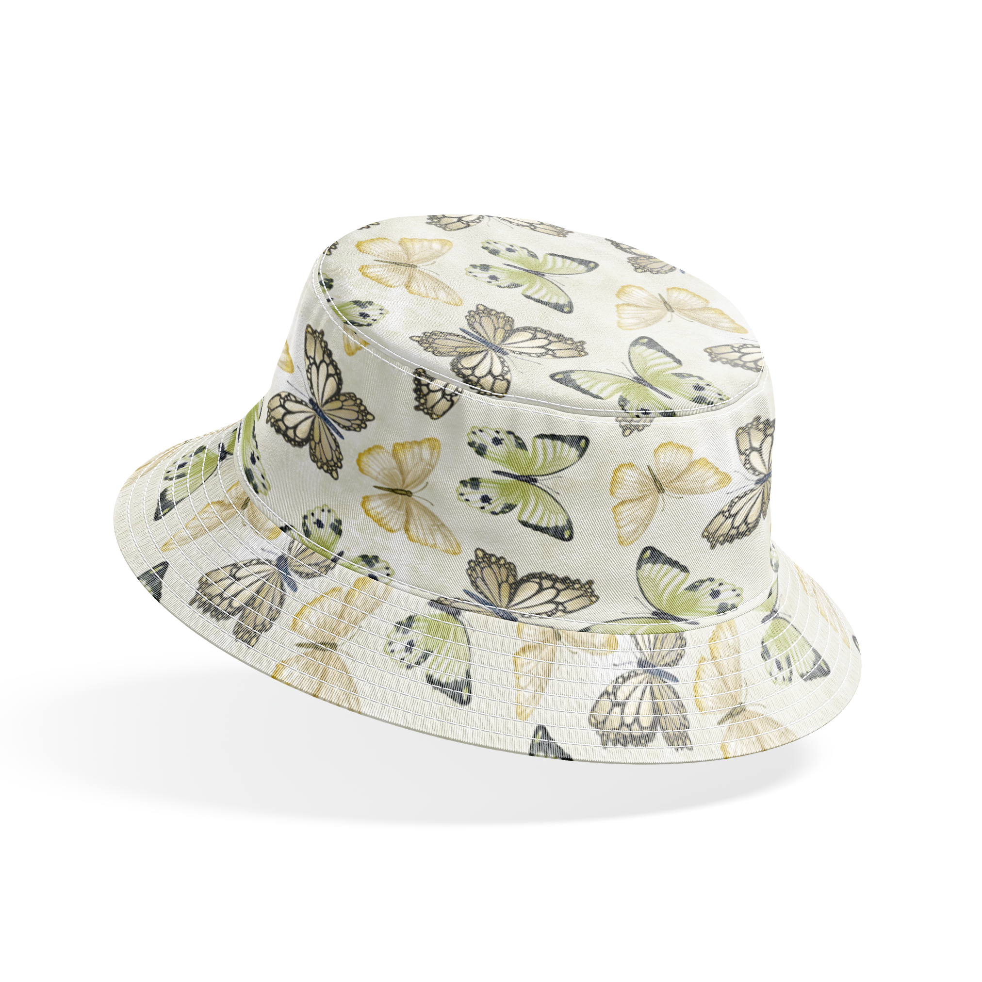 Illustrated butterfly pattern by Nicole Tamarin with soft sage green and neutral tones on a textured cream background. bucket hat mockup
