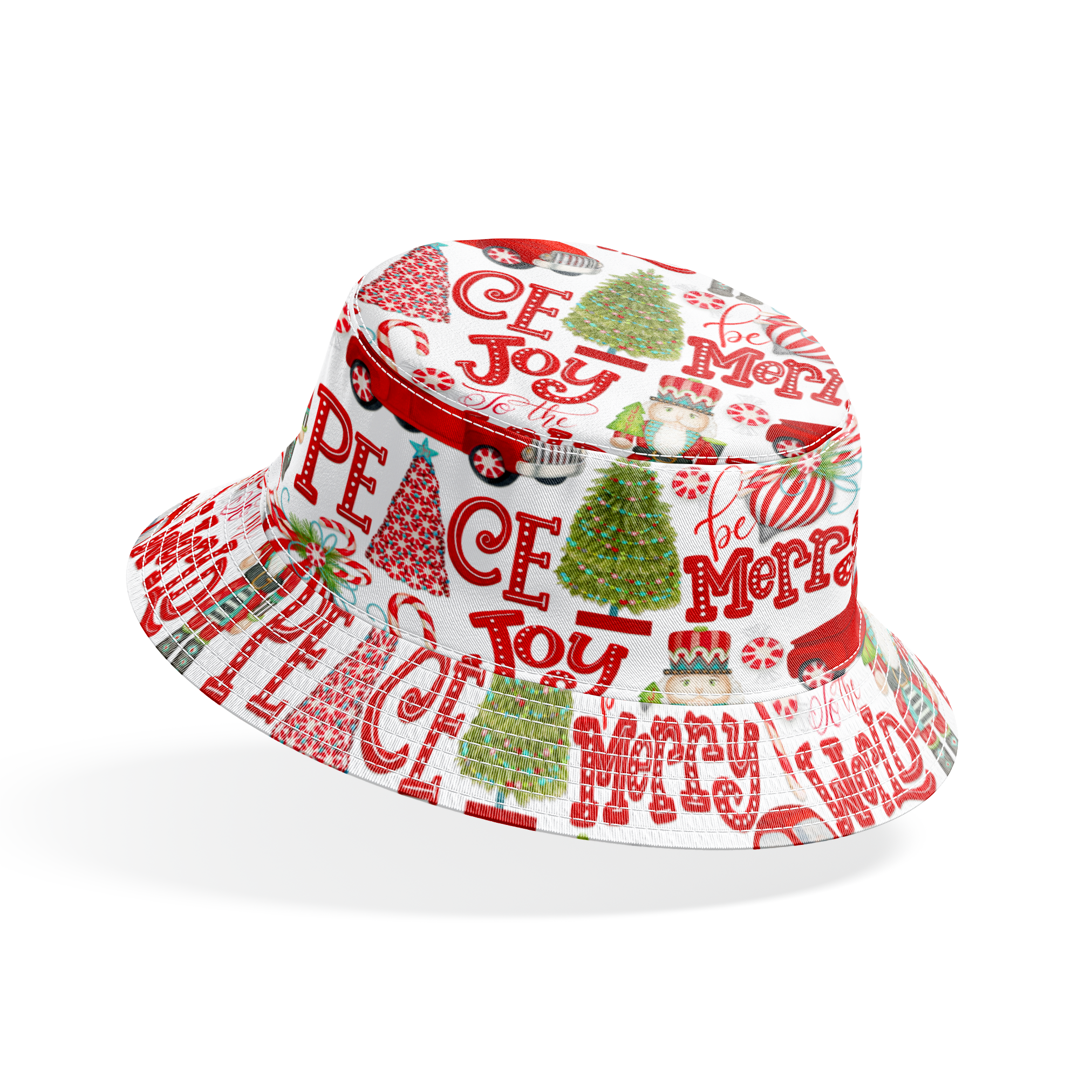 Holiday pattern featuring red trucks, nutcrackers, candy canes, Christmas trees, and festive lettering on a white background by Nicole Tamarin. bucket hat mockup