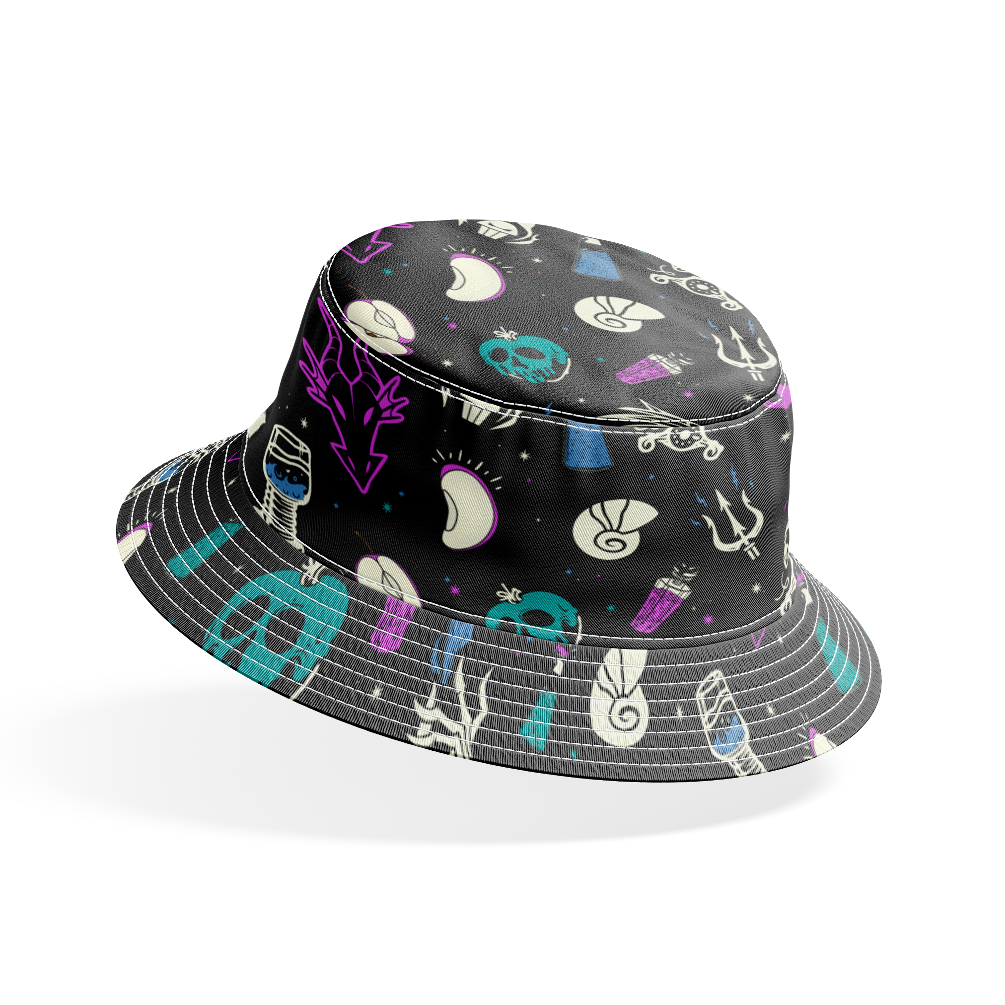 Gothic pattern with Disney villain-inspired icons like skulls, potions, and flames in teal, purple, and blue on black background. bucket hat mockup