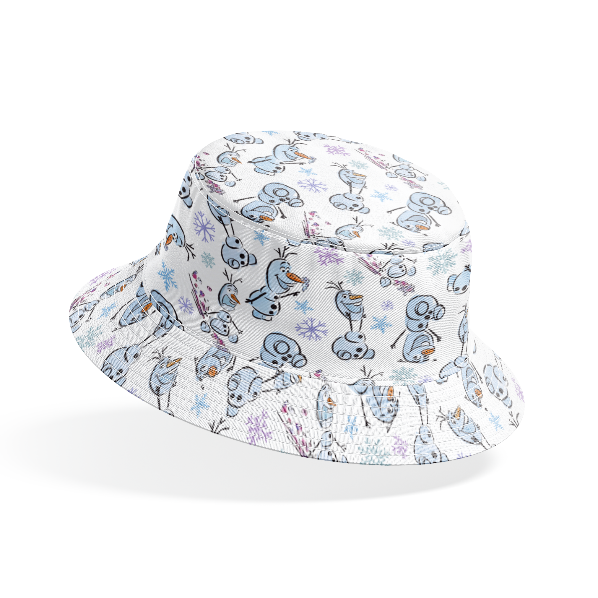 Cartoon snowman characters with carrots noses scattered on light blue background with snowflakes bucket hat mockup