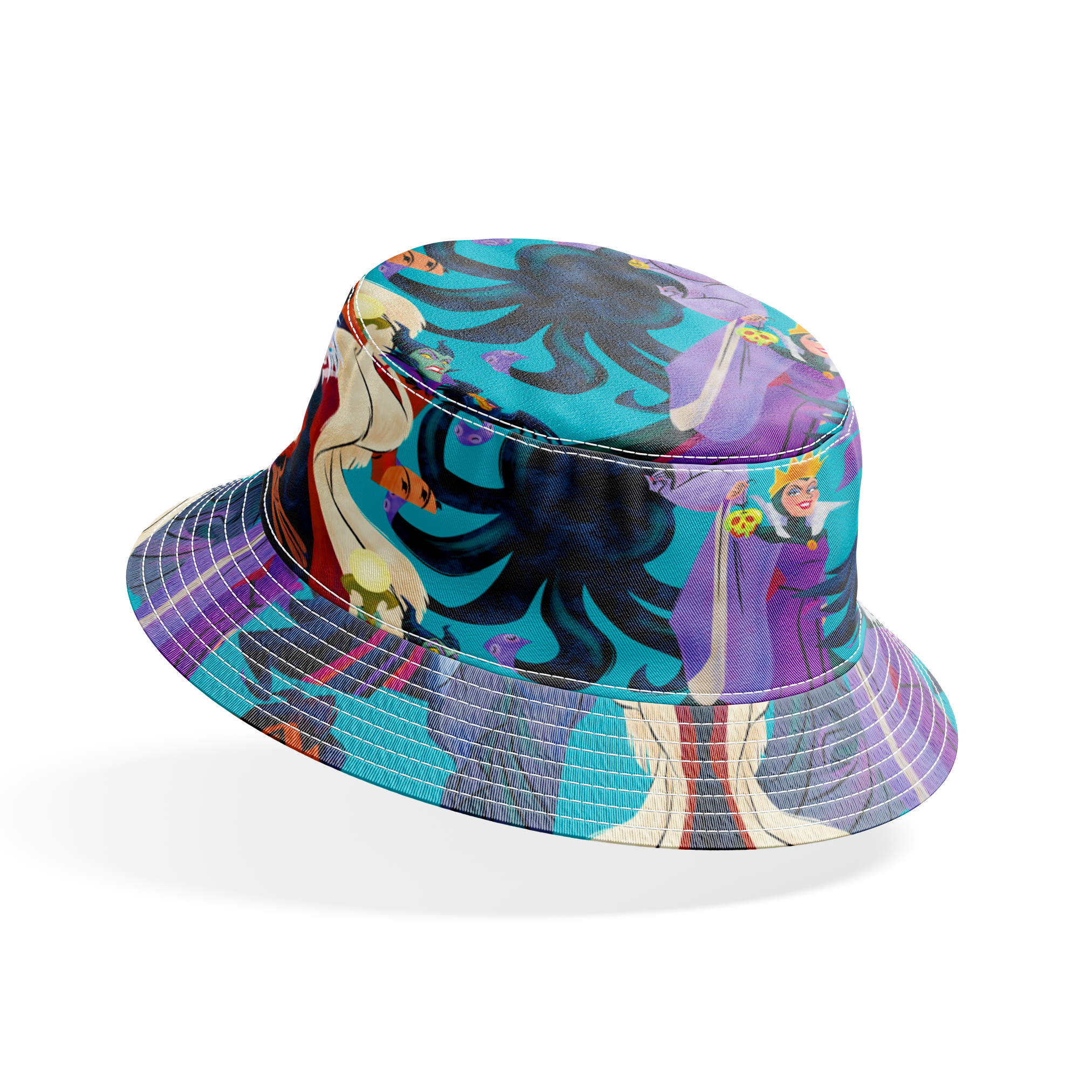 Disney Villains like Ursula, Maleficent, and Hades on a turquoise background in a colorful character pattern. bucket hat mockup