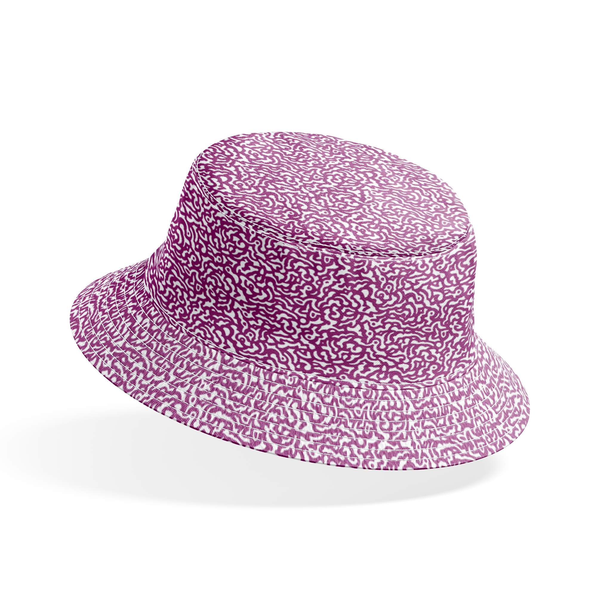 Purple squiggly maze-like pattern on white background with organic swirling lines bucket hat mockup