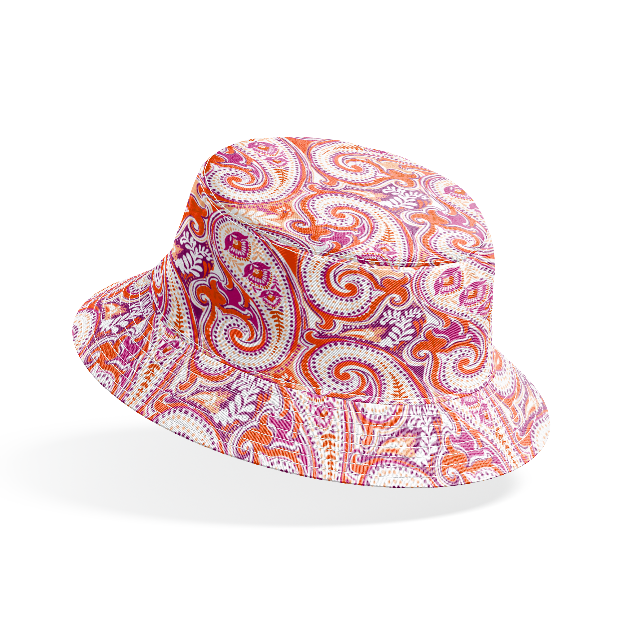 Vibrant paisley pattern in orange, pink and purple with swirling teardrop motifs and ornate details bucket hat mockup