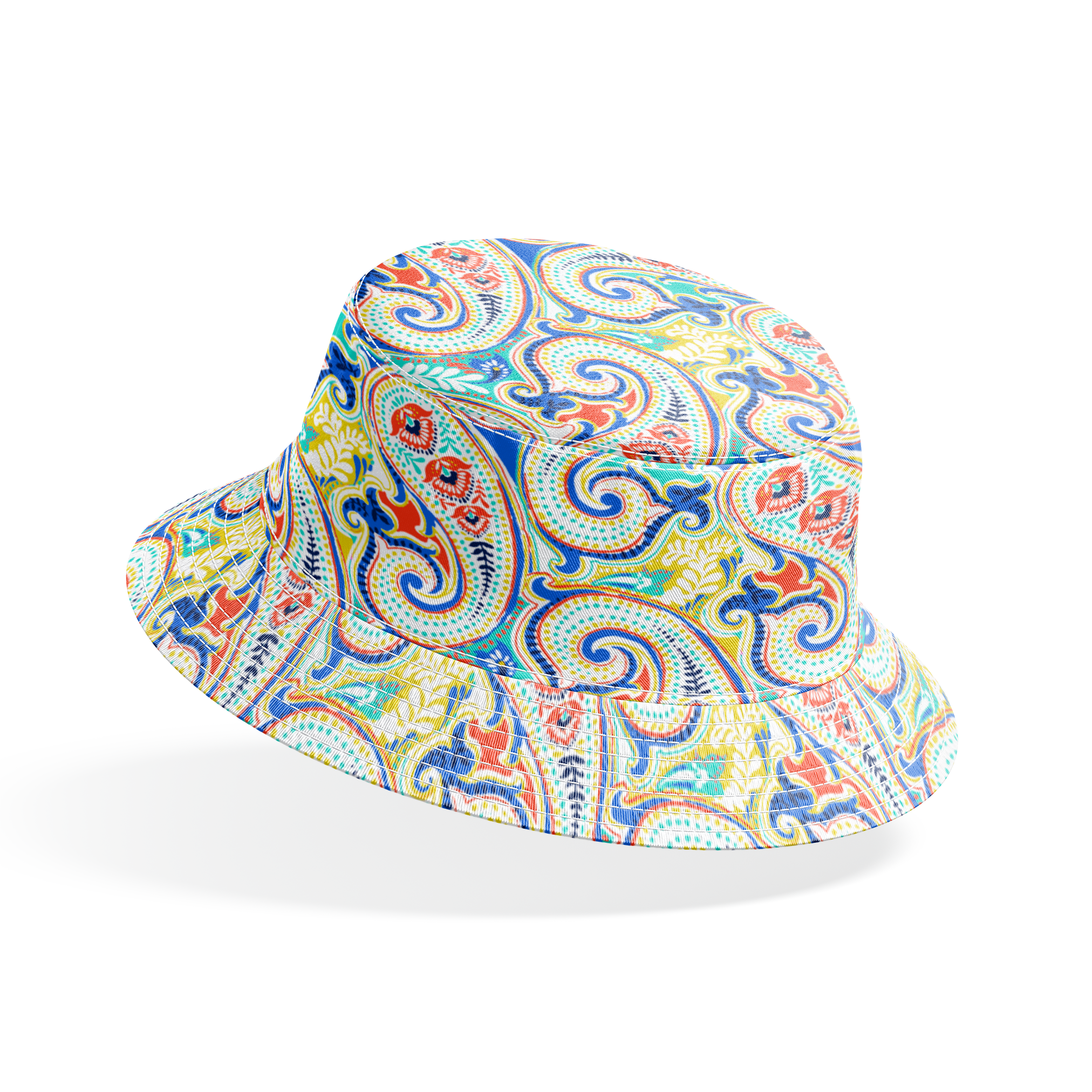 Vibrant blue, yellow and red paisley pattern with swirling decorative motifs and curved shapes bucket hat mockup