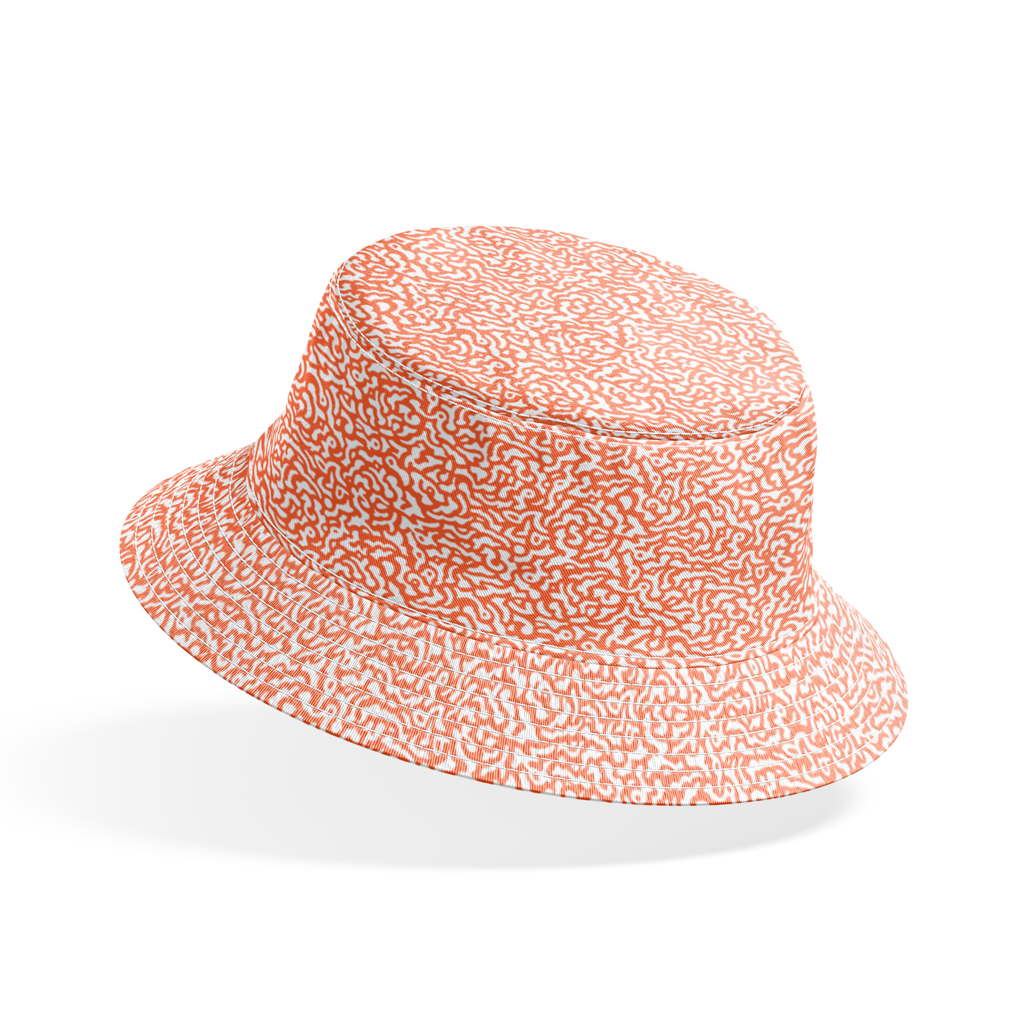 Coral squiggly pattern with organic, maze-like curves on white background bucket hat mockup