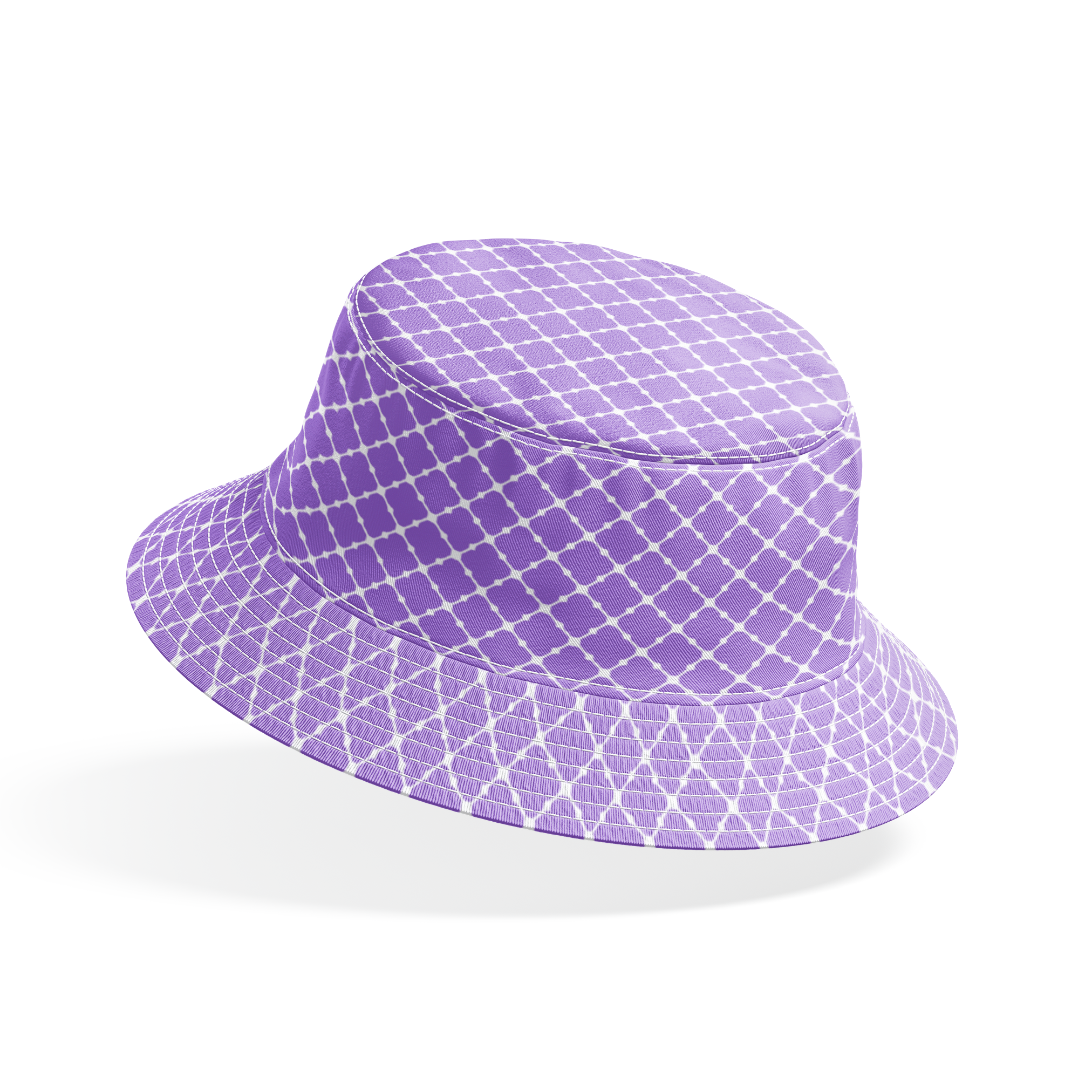 Purple quatrefoil pattern with white lattice grid on lavender background bucket hat mockup