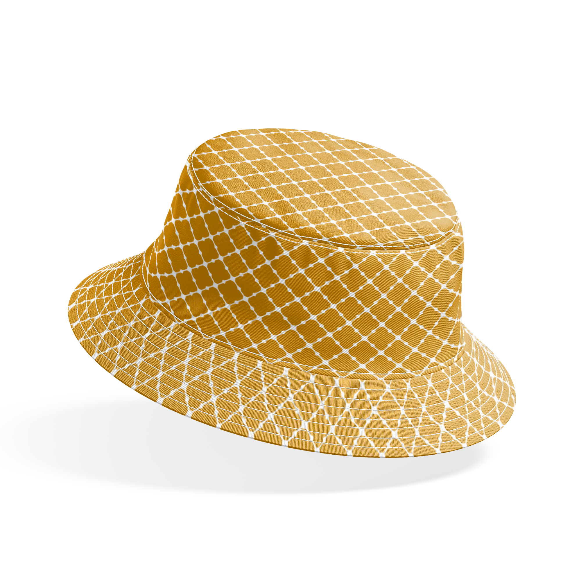 Gold quatrefoil pattern on white background, forming a geometric Moroccan-style lattice design bucket hat mockup