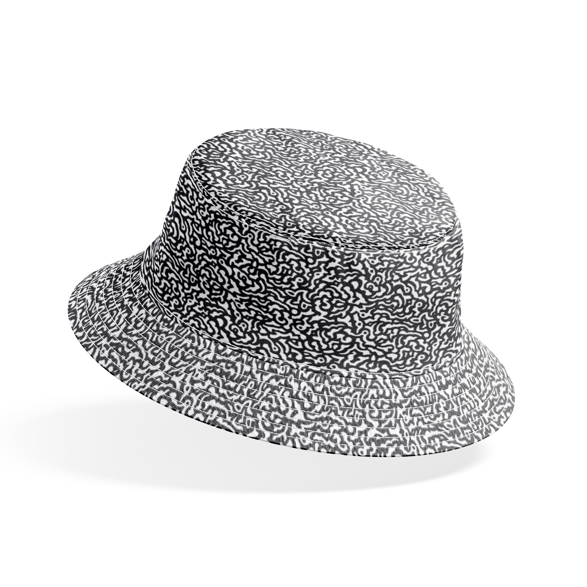 Abstract black and white pattern with swirling organic lines creating a dense maze-like design bucket hat mockup