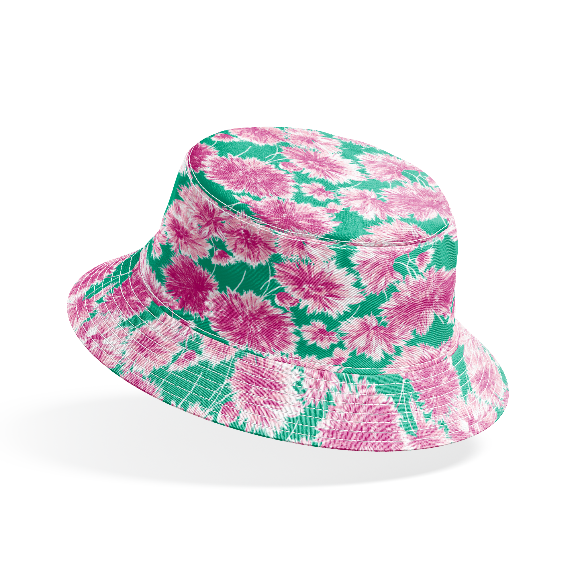 Pink and purple carnation flowers scattered on a green background in a repeating floral pattern bucket hat mockup