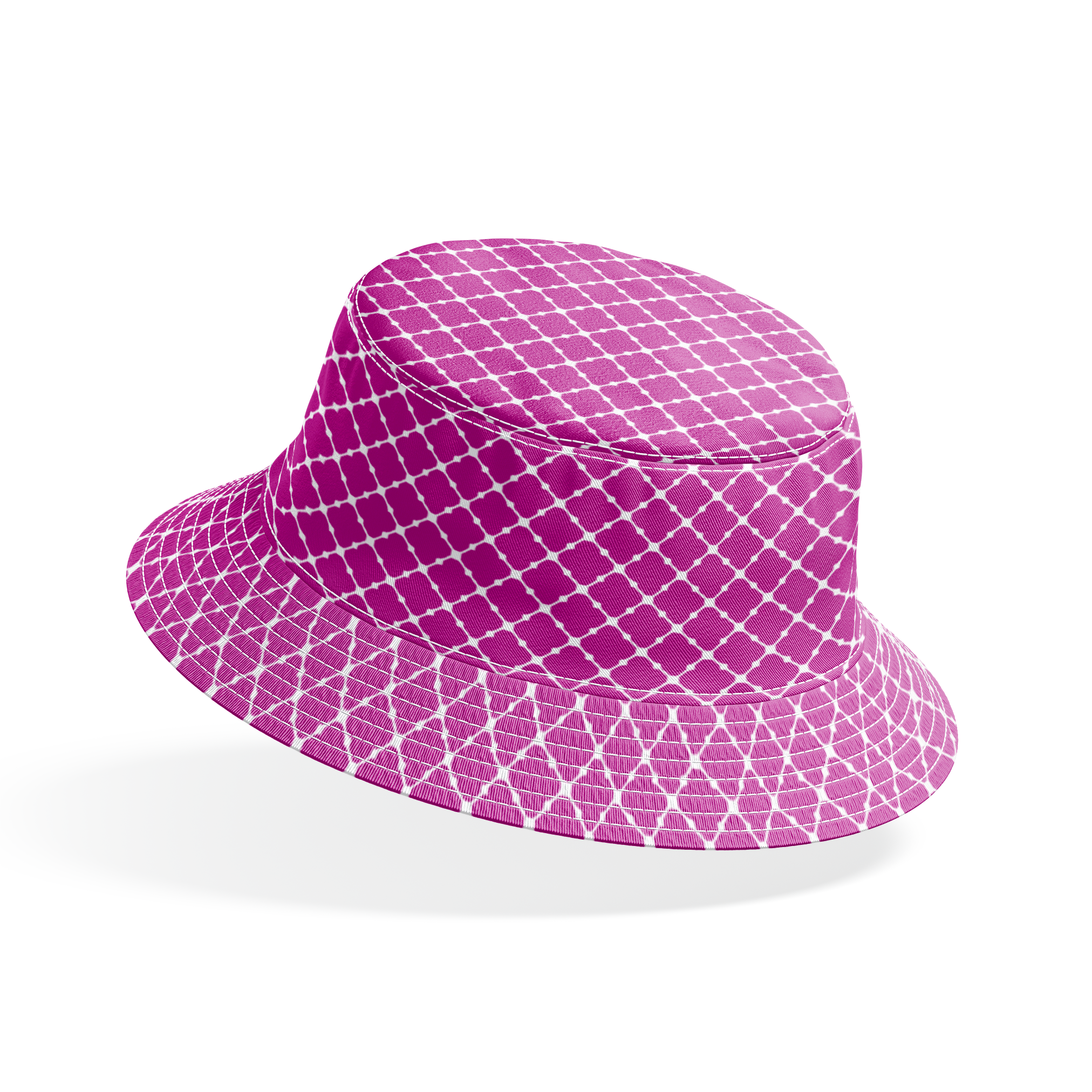 Magenta quatrefoil pattern with white lattice outline bucket hat mockup
