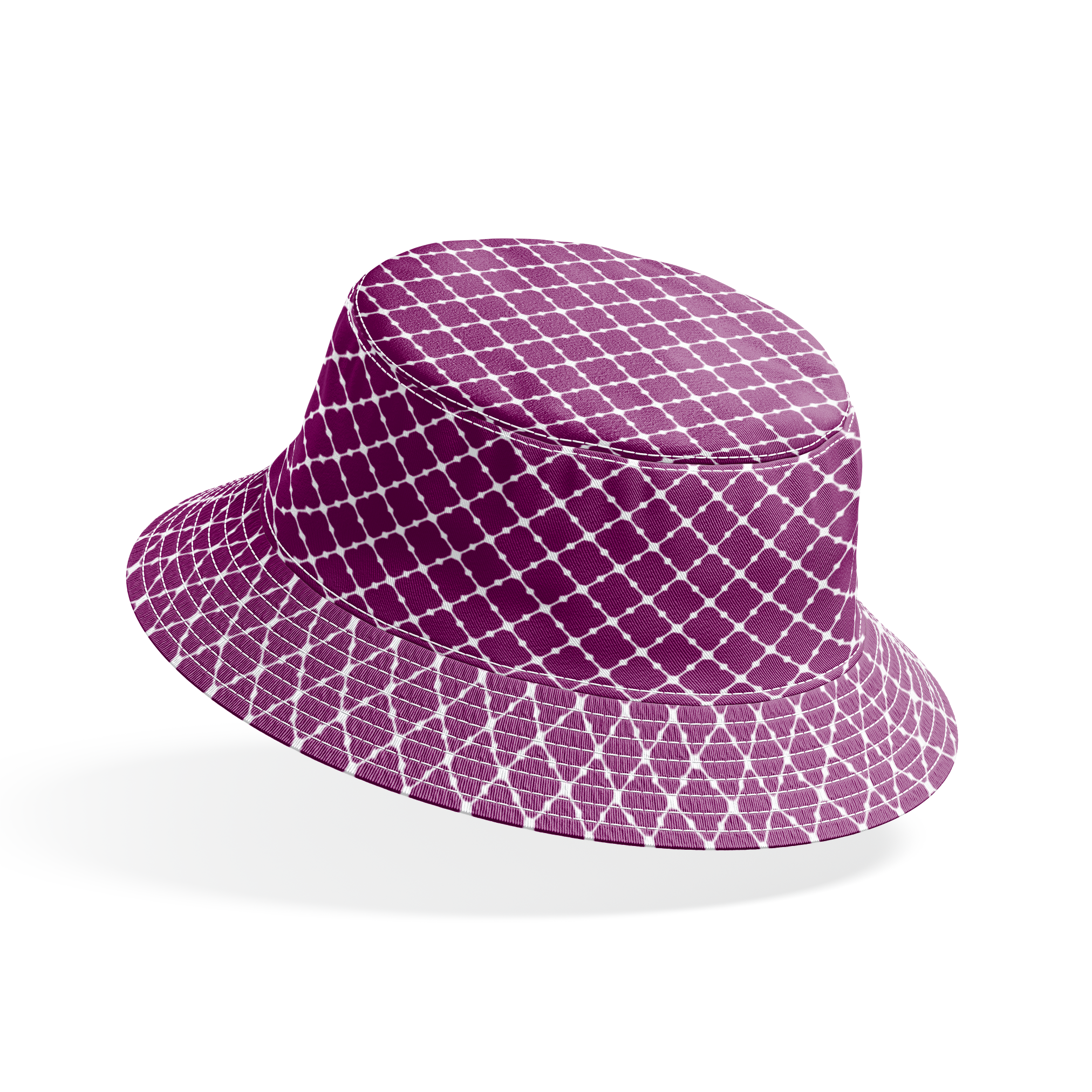 Plum quatrefoil pattern with white lattice outline on deep plum background bucket hat mockup