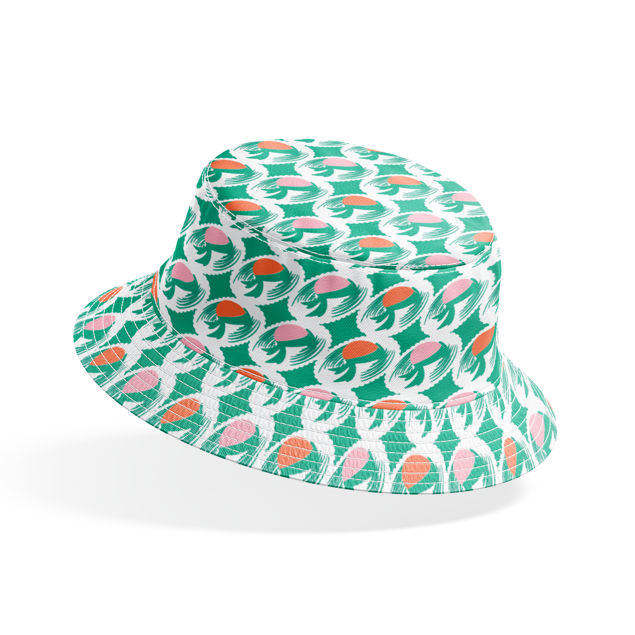 Abstract pattern with pink and orange oval shapes on green brushstroke backgrounds bucket hat mockup