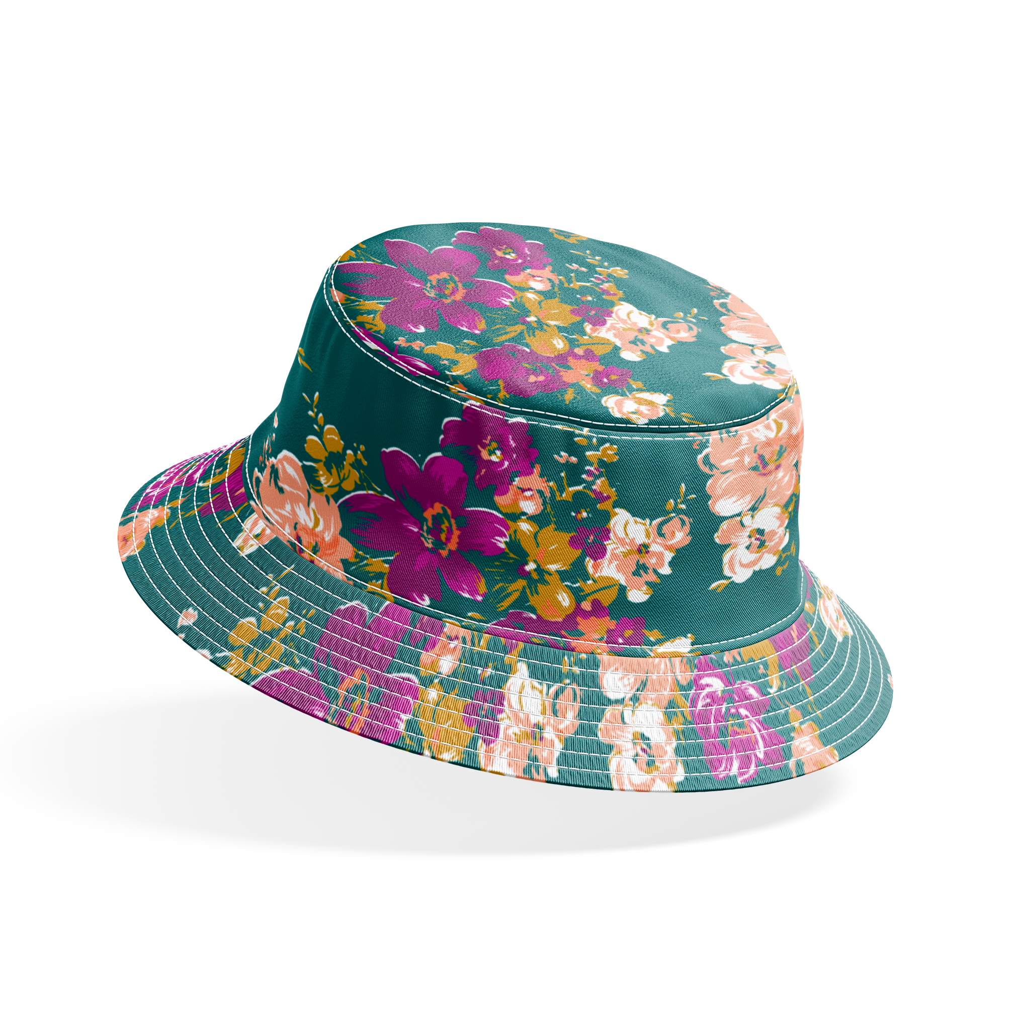 Vibrant floral pattern with purple and peach flowers on a deep teal background bucket hat mockup