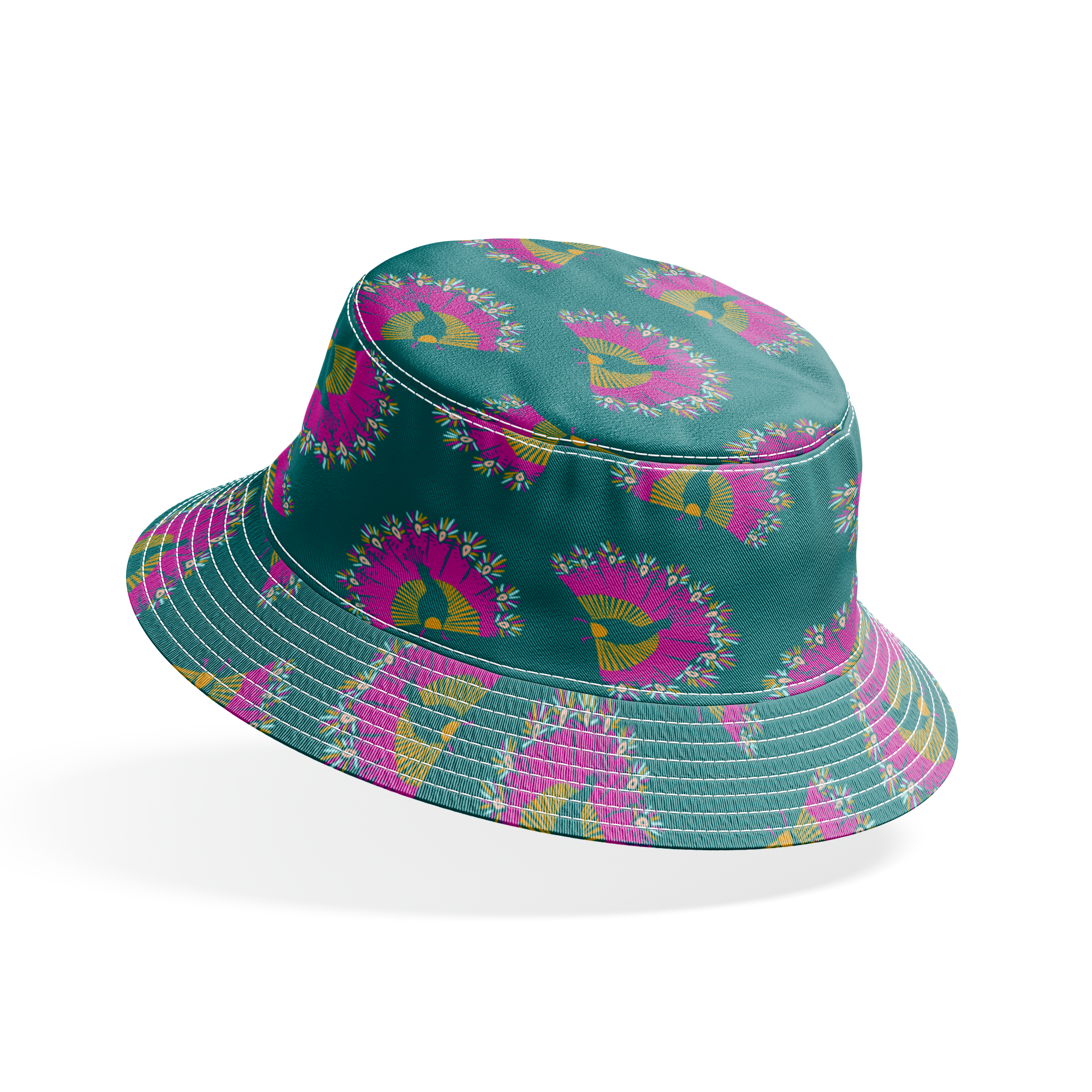 Vibrant pattern of pink circular bursts with yellow-green bird silhouettes on teal background bucket hat mockup