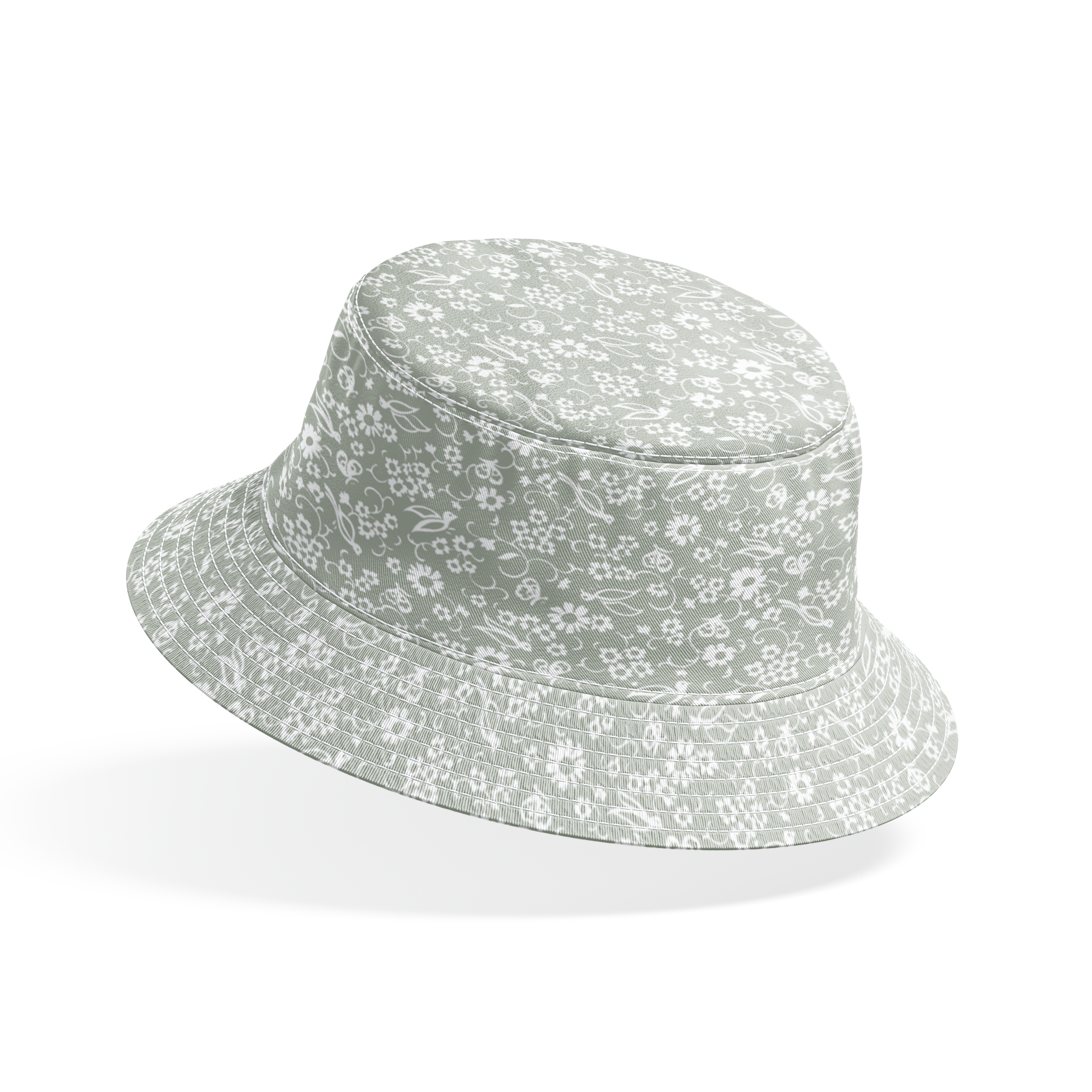 White vintage-style bird and floral silhouettes on a soft gray background. bucket hat mockup