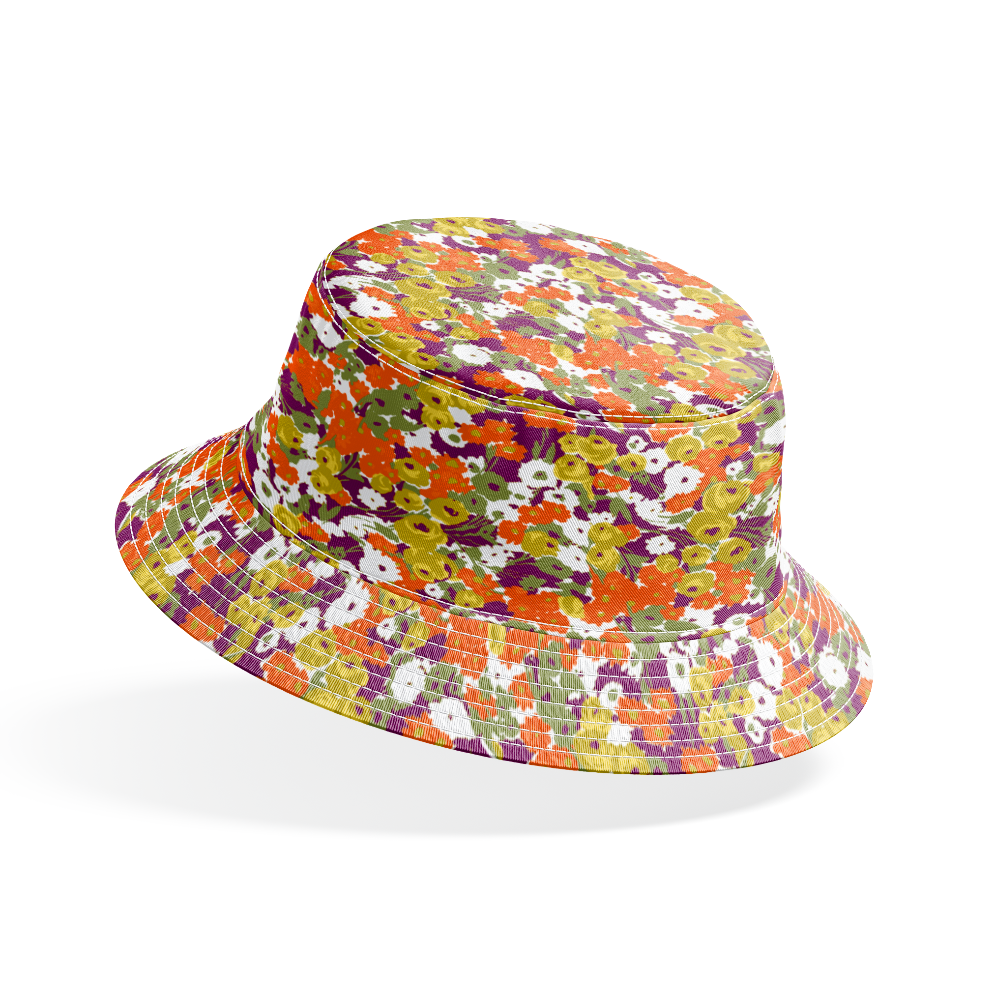 Vibrant floral pattern with white, orange, yellow, green, and purple abstract blooms bucket hat mockup
