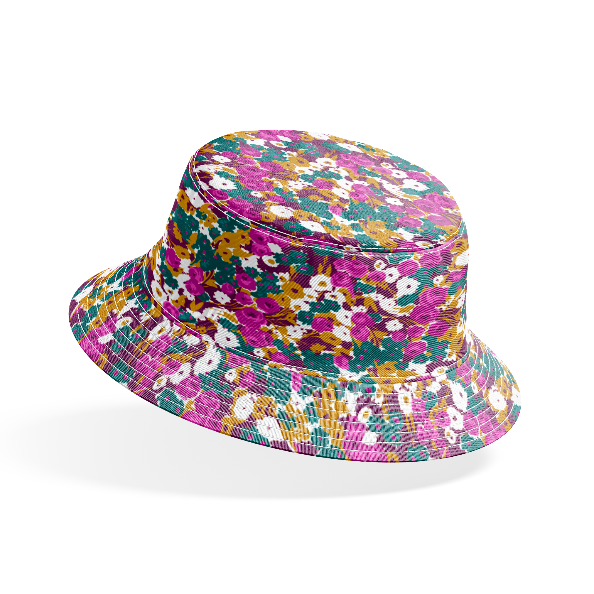 Vibrant floral pattern with purple, white, and gold flowers on teal background bucket hat mockup