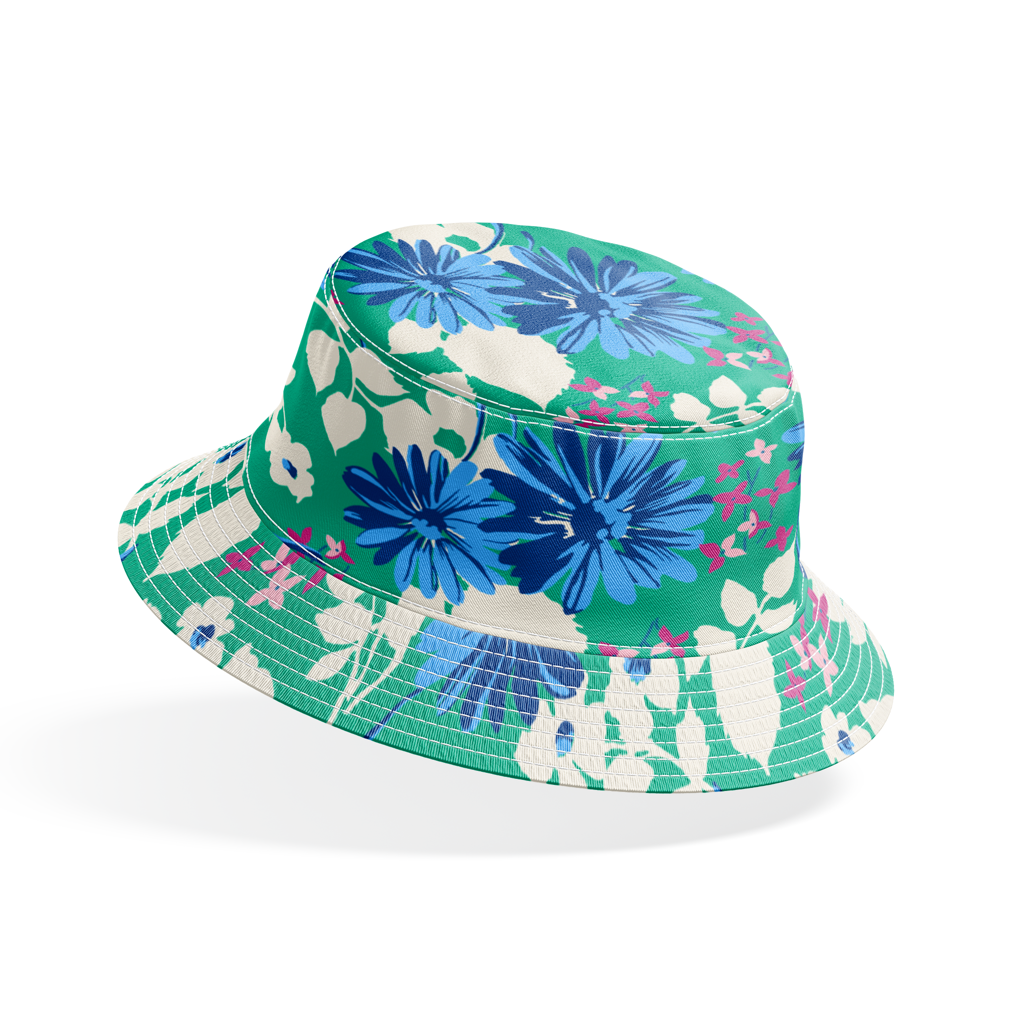 Vibrant floral pattern with blue spiky flowers and white blooms on a green background bucket hat mockup