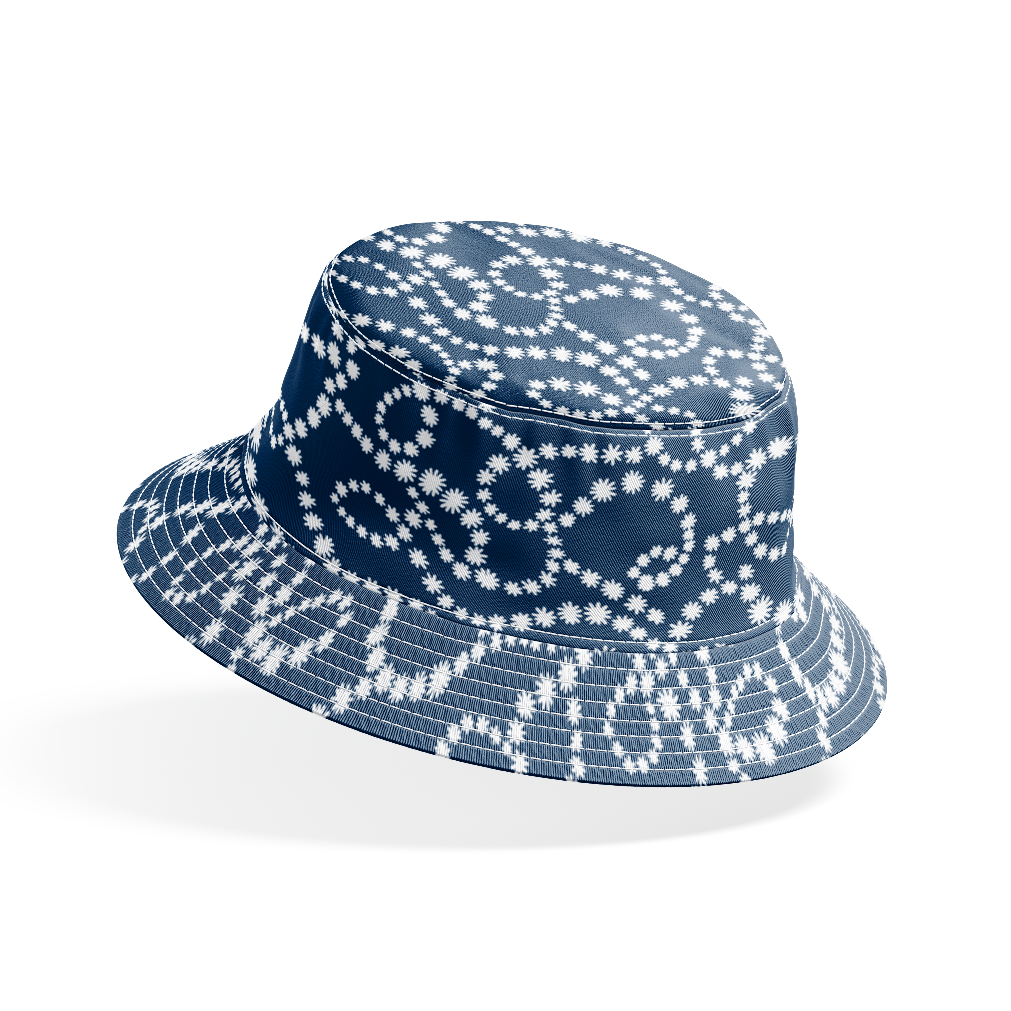 Navy blue background with swirling white dotted patterns creating circular and flowing designs bucket hat mockup