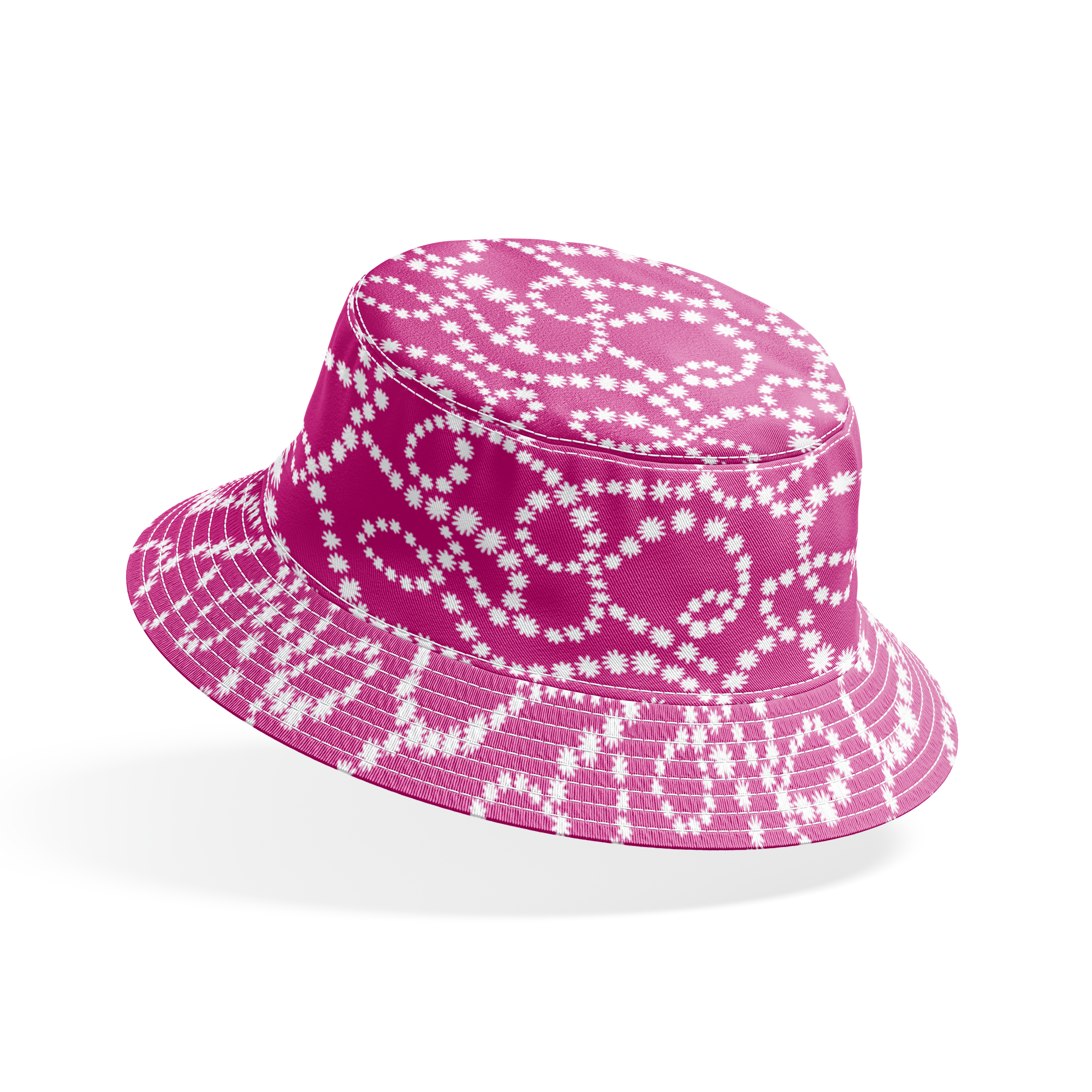 Magenta background with swirling white dotted pattern resembling pearl strands in decorative loops bucket hat mockup