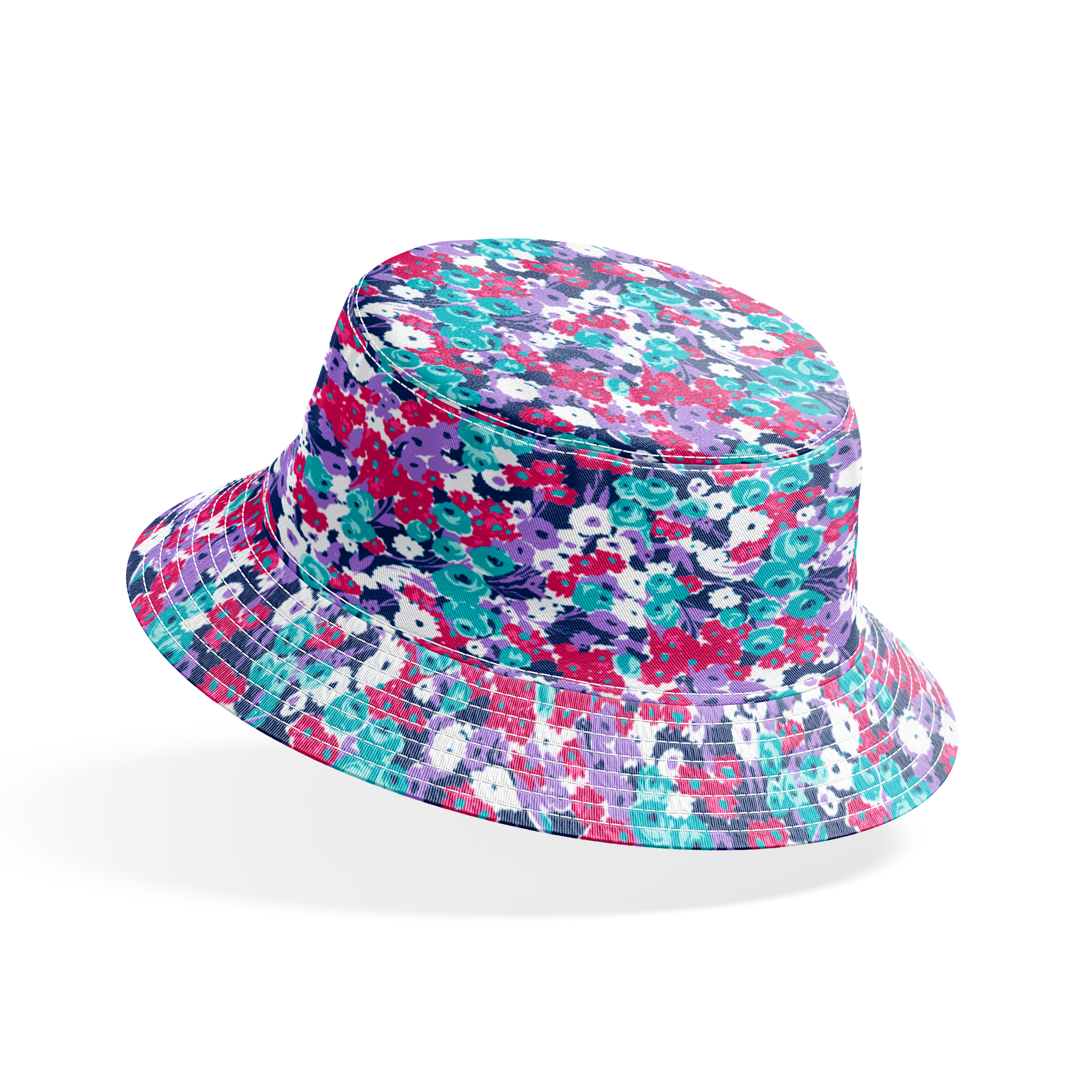 Vibrant floral pattern with pink, white, purple, and turquoise flowers on dark indigo background bucket hat mockup