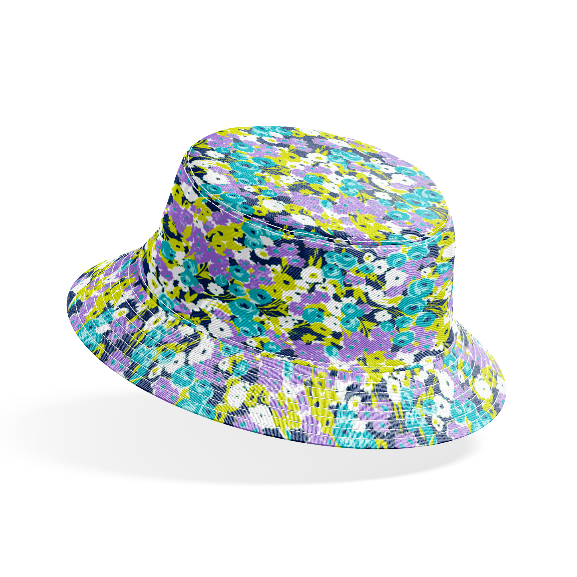 Vibrant floral pattern with turquoise, purple, white, and chartreuse blooms on dark background bucket hat mockup
