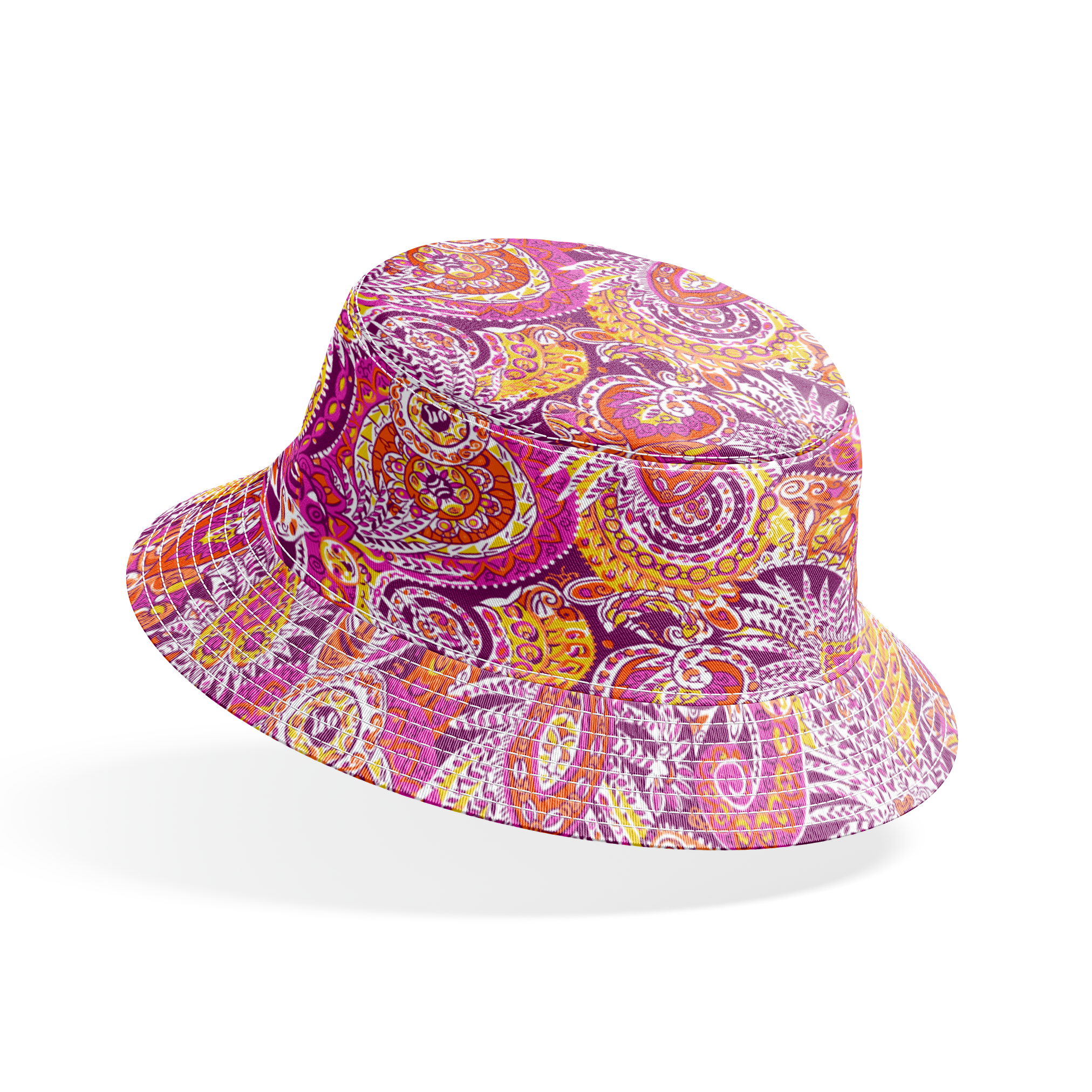 Vibrant paisley pattern with swirling shapes in purple, orange, pink, and yellow tones bucket hat mockup