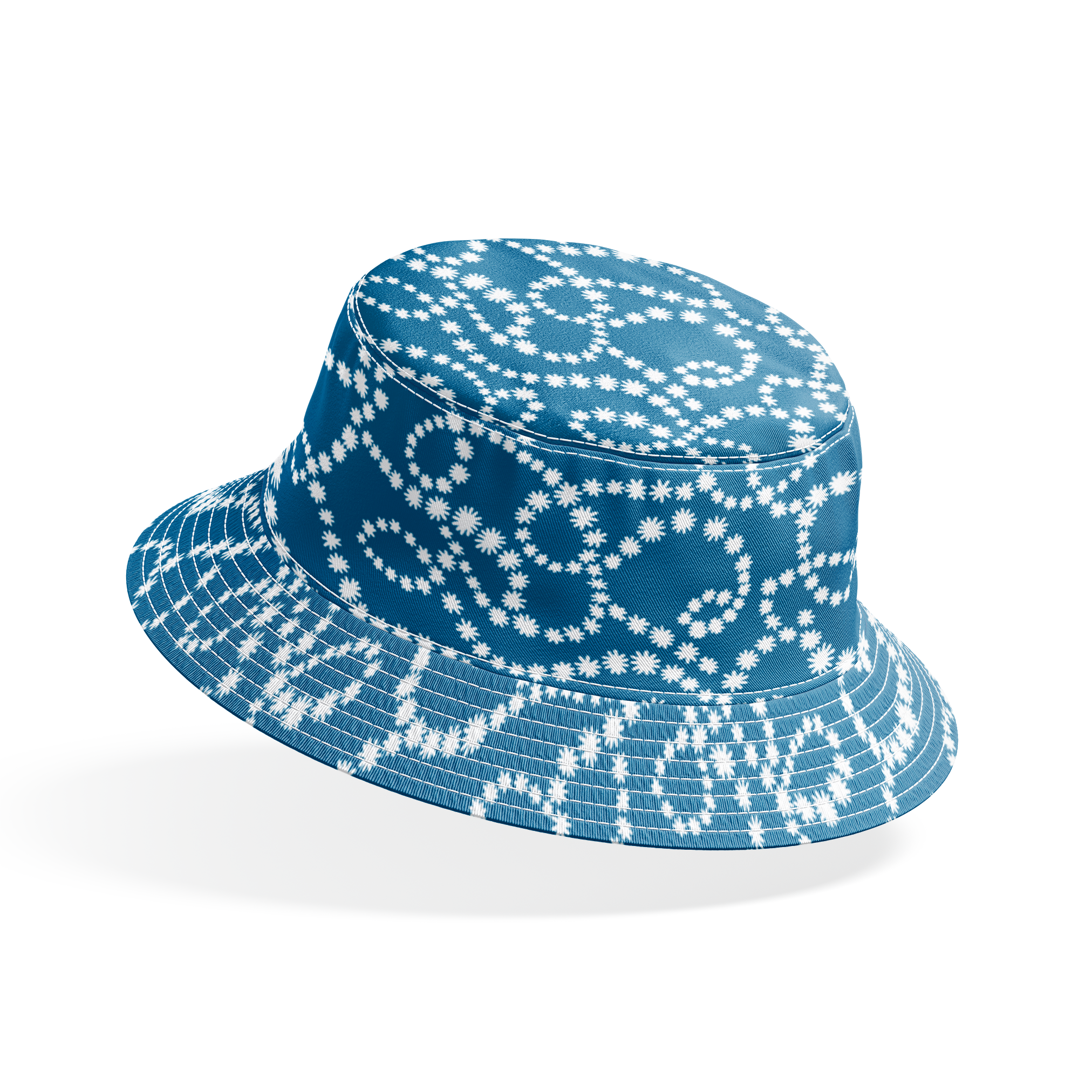 Dotted white swirling patterns on deep teal blue background creating abstract curved designs bucket hat mockup