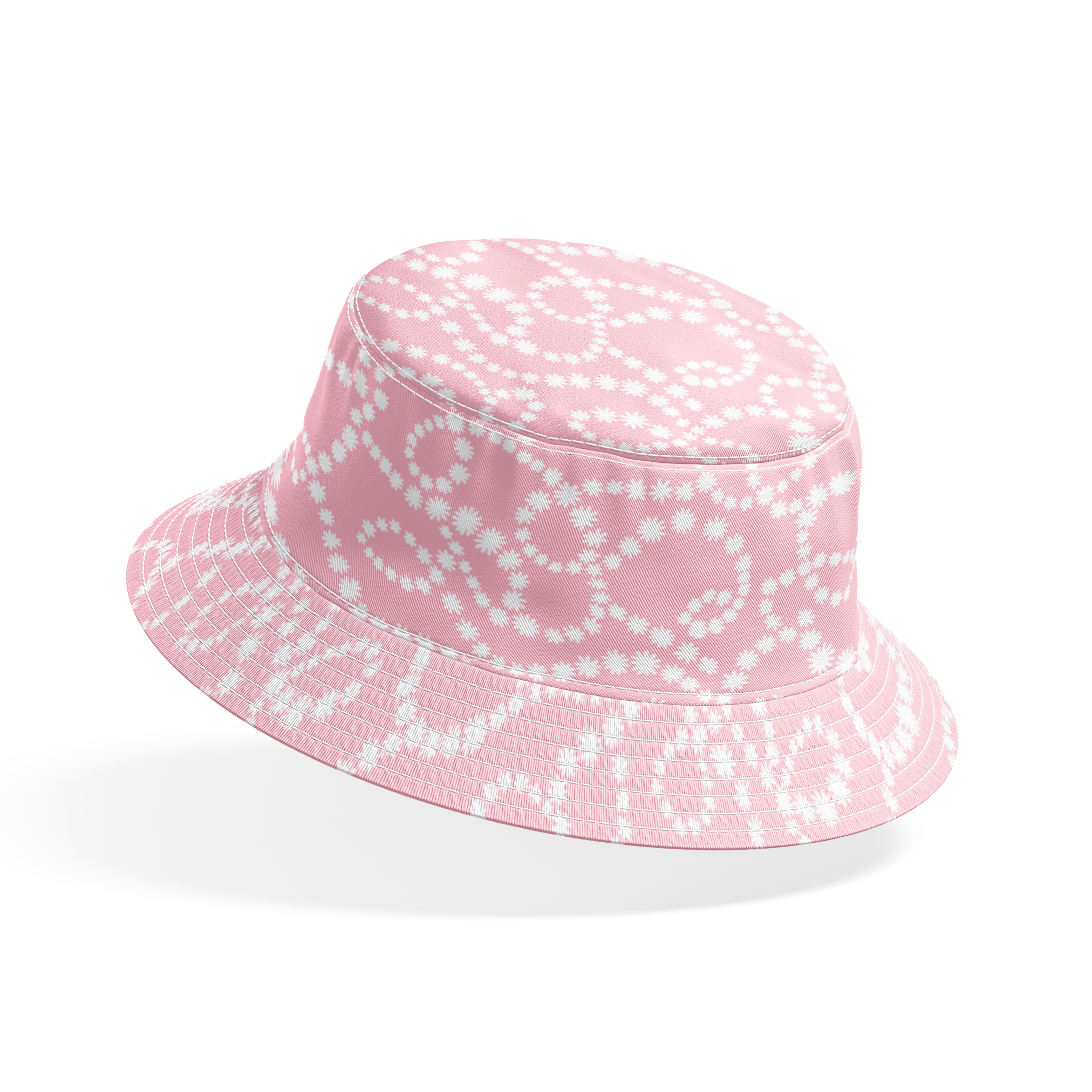 Baby pink background with white dotted swirling pattern creating delicate curved lines and loops bucket hat mockup