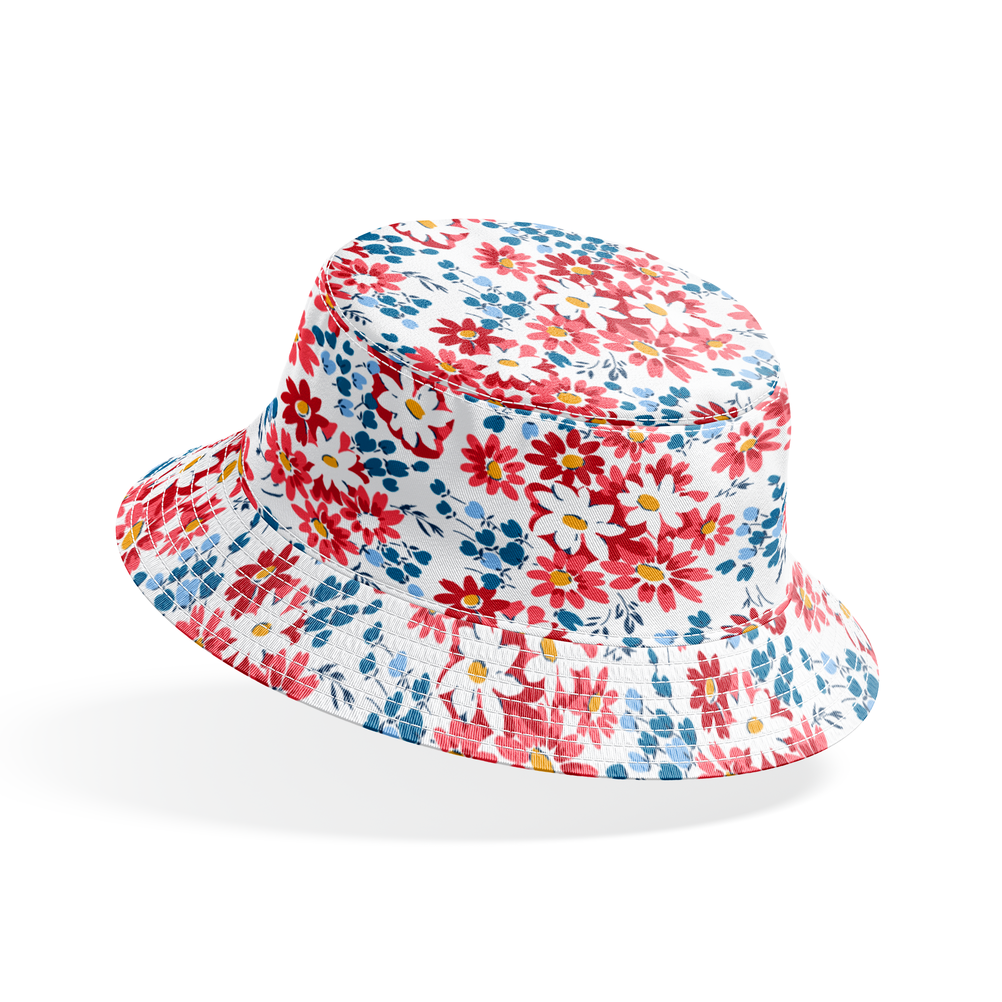 Colorful floral pattern with coral, red, and white daisies with yellow centers and teal leaves bucket hat mockup