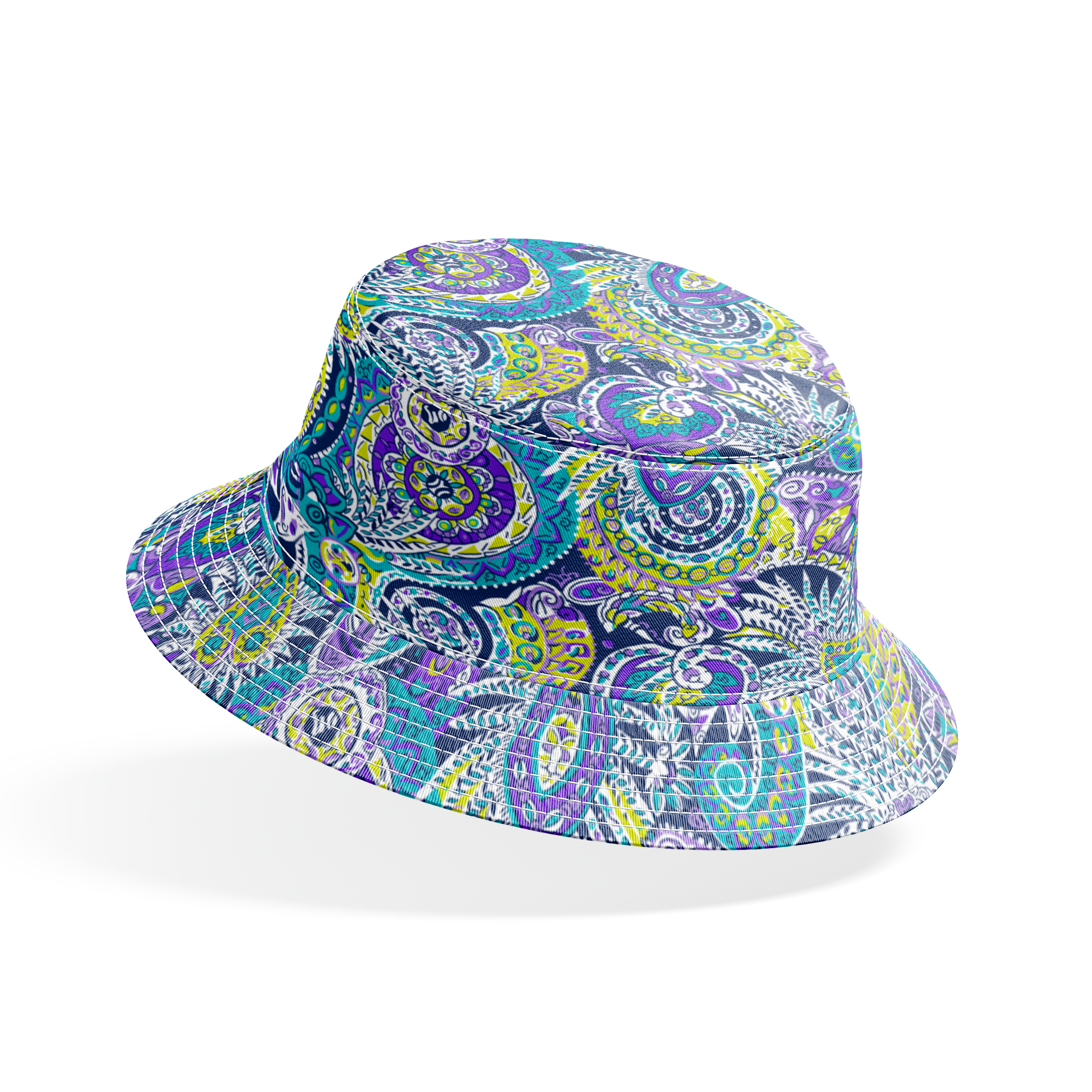 Vibrant paisley pattern with swirling designs in purple, blue, yellow, and white bucket hat mockup