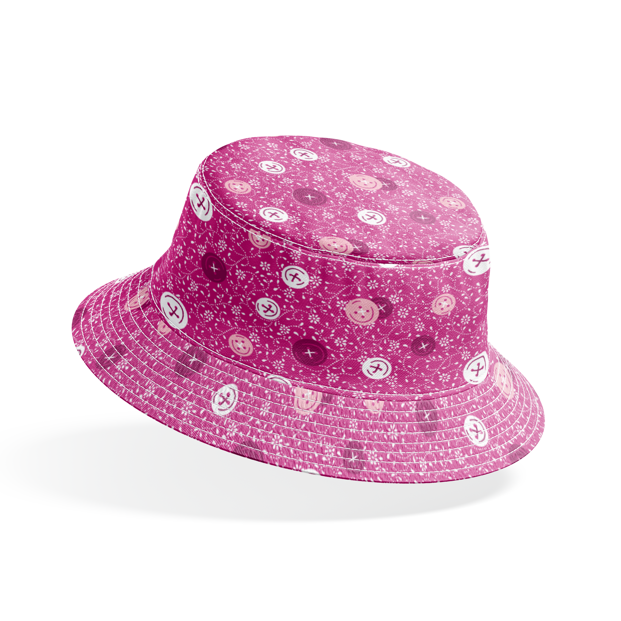 Magenta background with white floral pattern and buttons scattered throughout bucket hat mockup