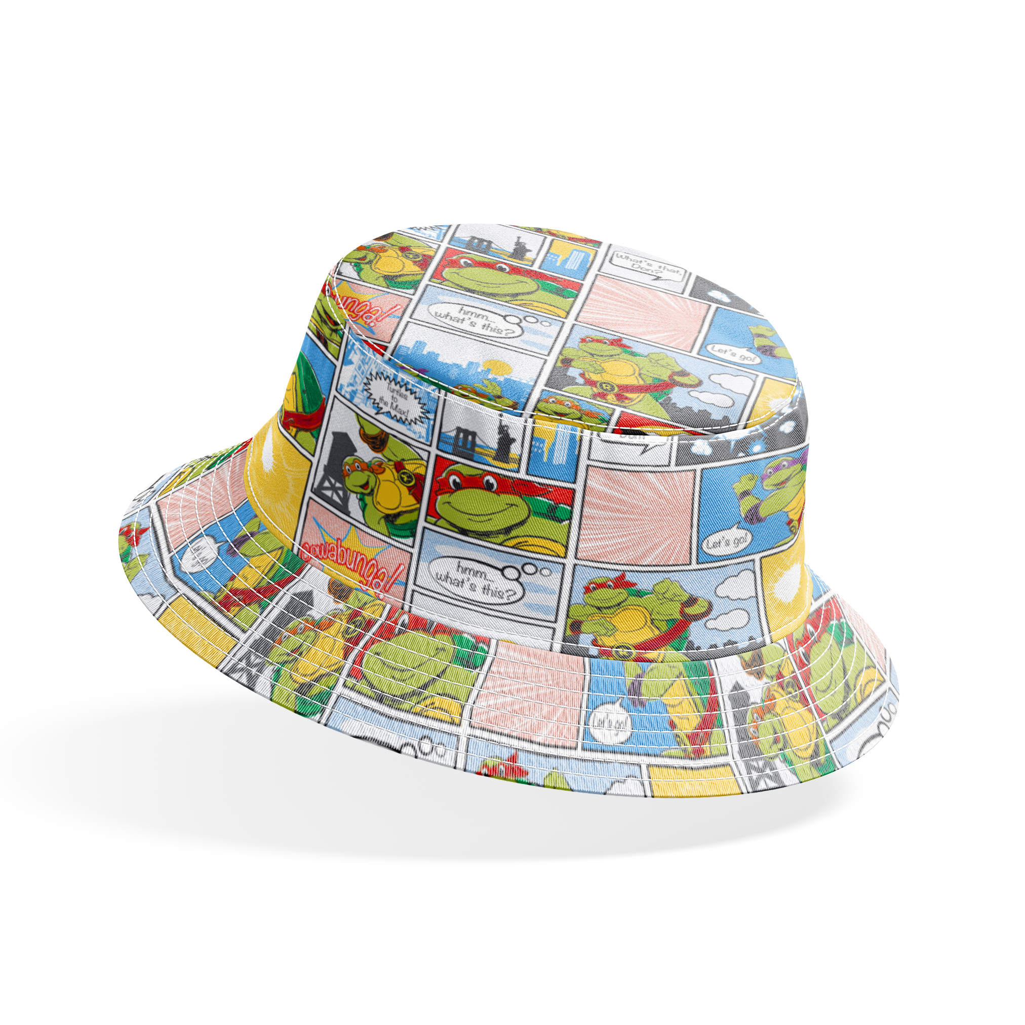 Comic-style grid featuring Teenage Mutant Ninja Turtles with speech bubbles, action scenes, and colorful panels bucket hat mockup