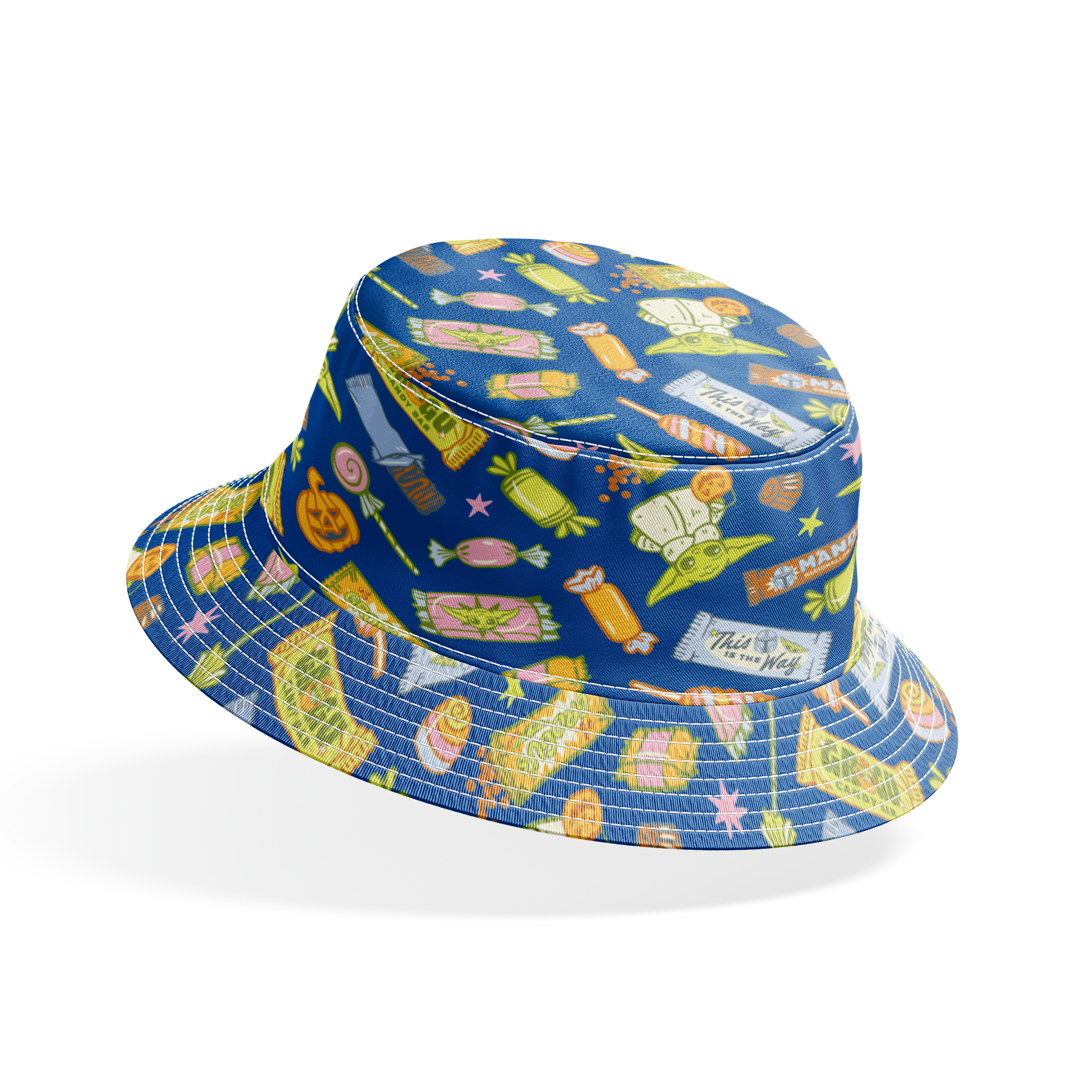 Colorful candy pattern with wrapped sweets, lollipops, and treats on dark blue background bucket hat mockup