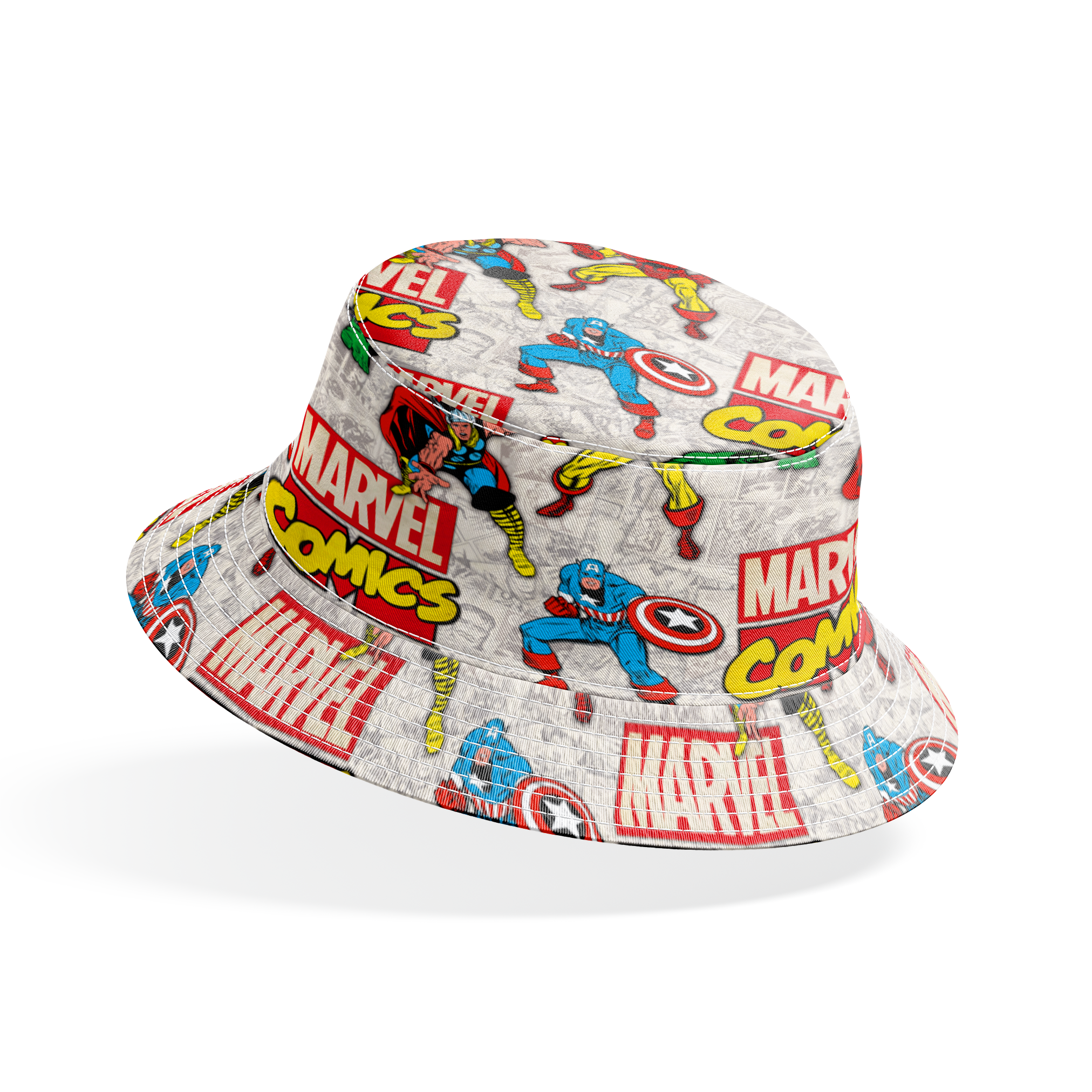 Marvel Comics collage pattern featuring iconic superheroes in action poses against comic book page background bucket hat mockup