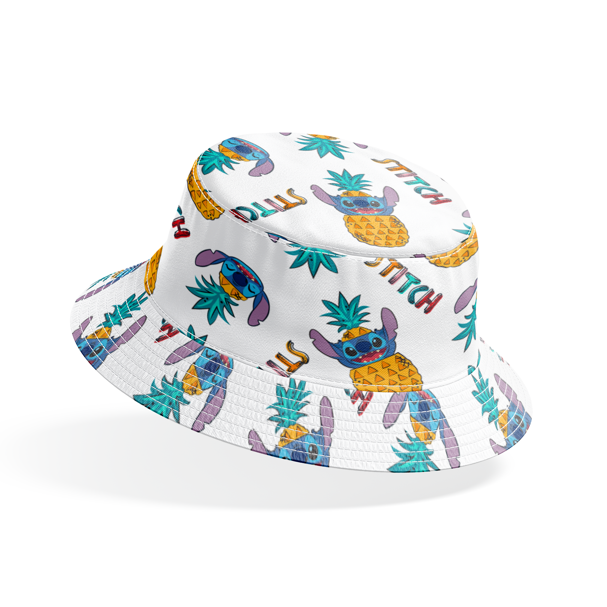 Colorful pattern of cartoon blue creatures with long ears inside pineapples, with "Stitch" text bucket hat mockup