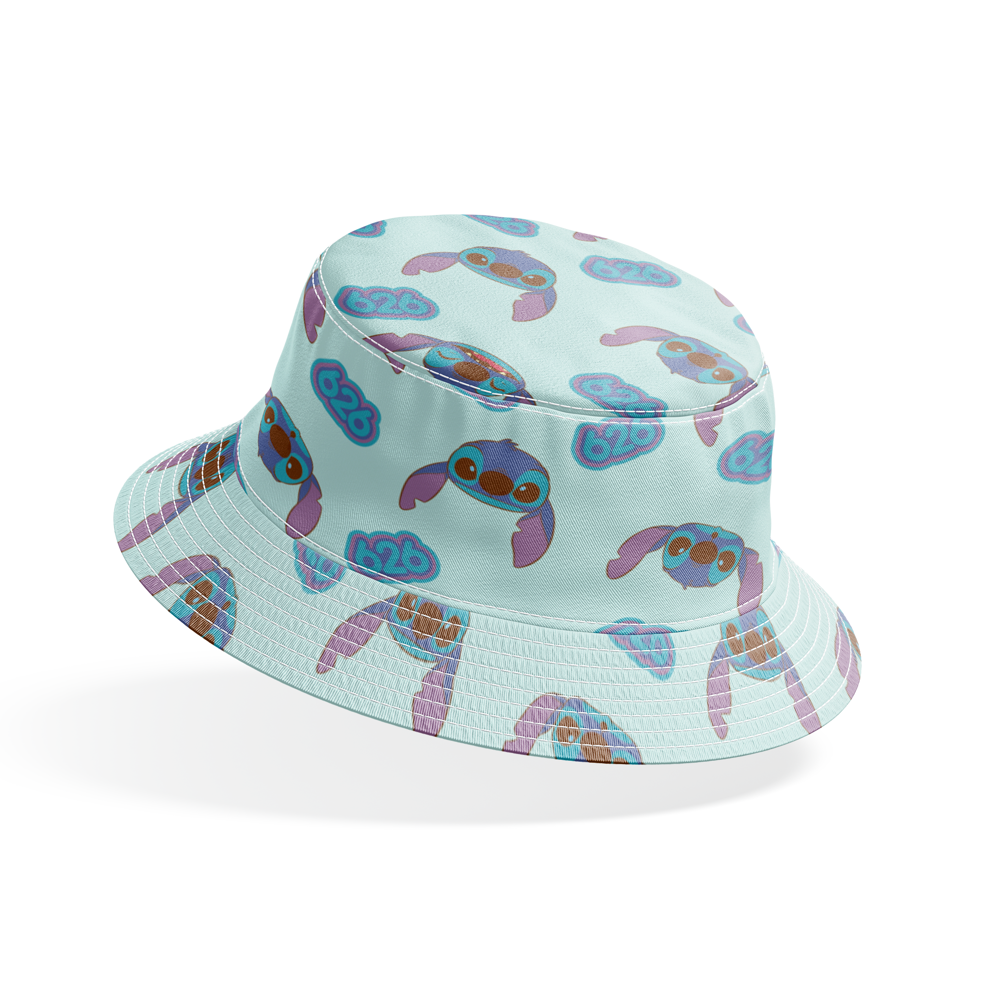 Blue cartoon creatures with large ears and swirl patterns on light teal background bucket hat mockup