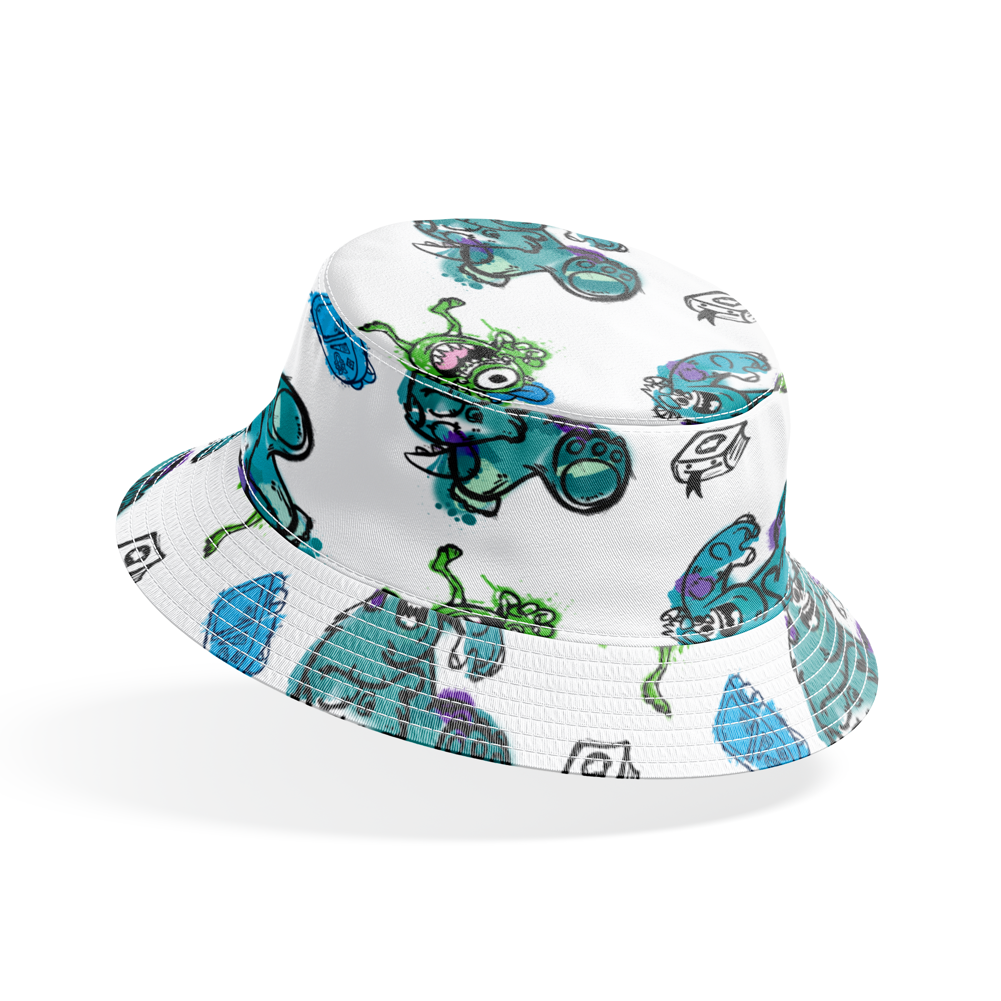 Colorful Monsters Inc pattern with turquoise, green creatures and small boxes on white background bucket hat mockup