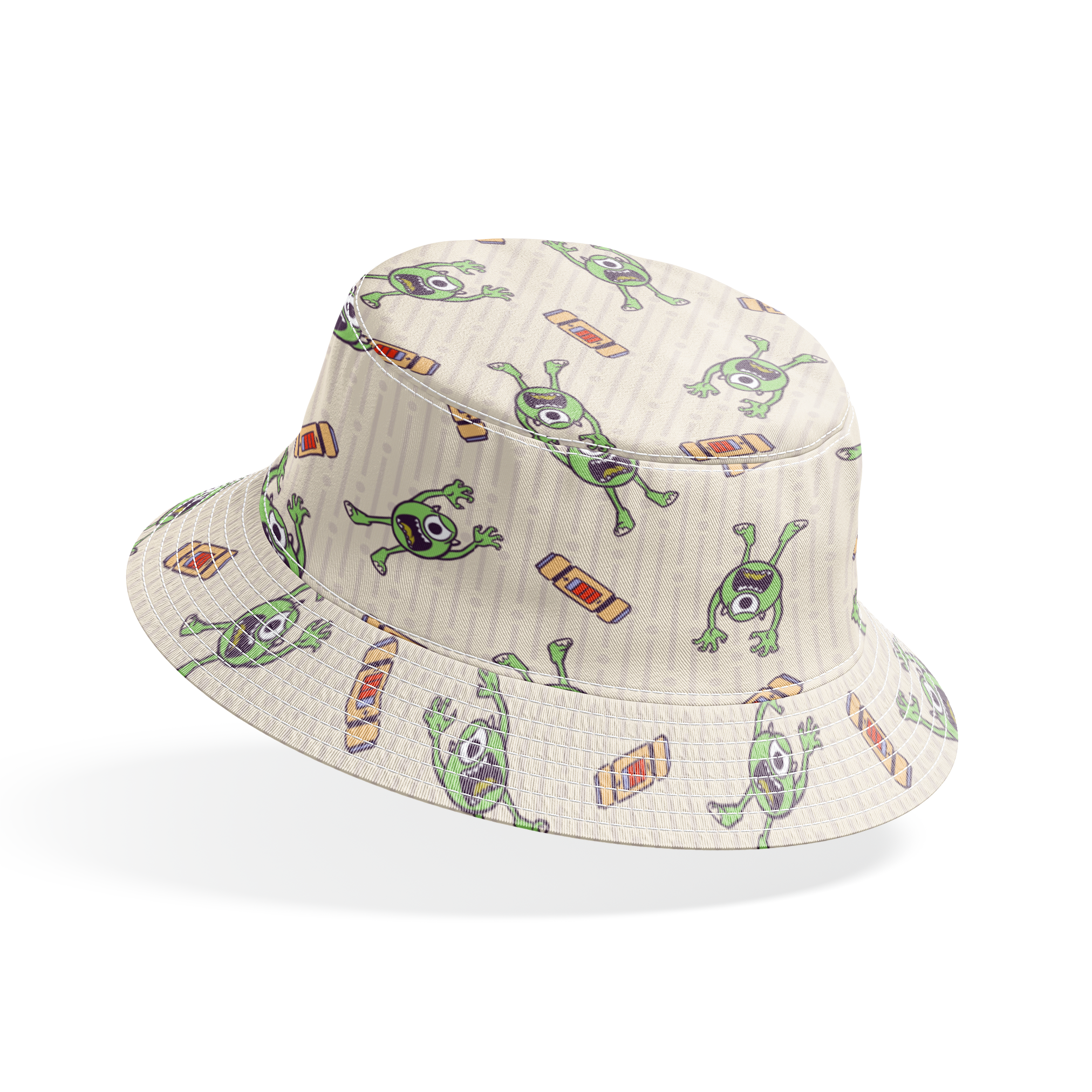 Cartoon Mike Wazowski pattern on light striped background bucket hat mockup