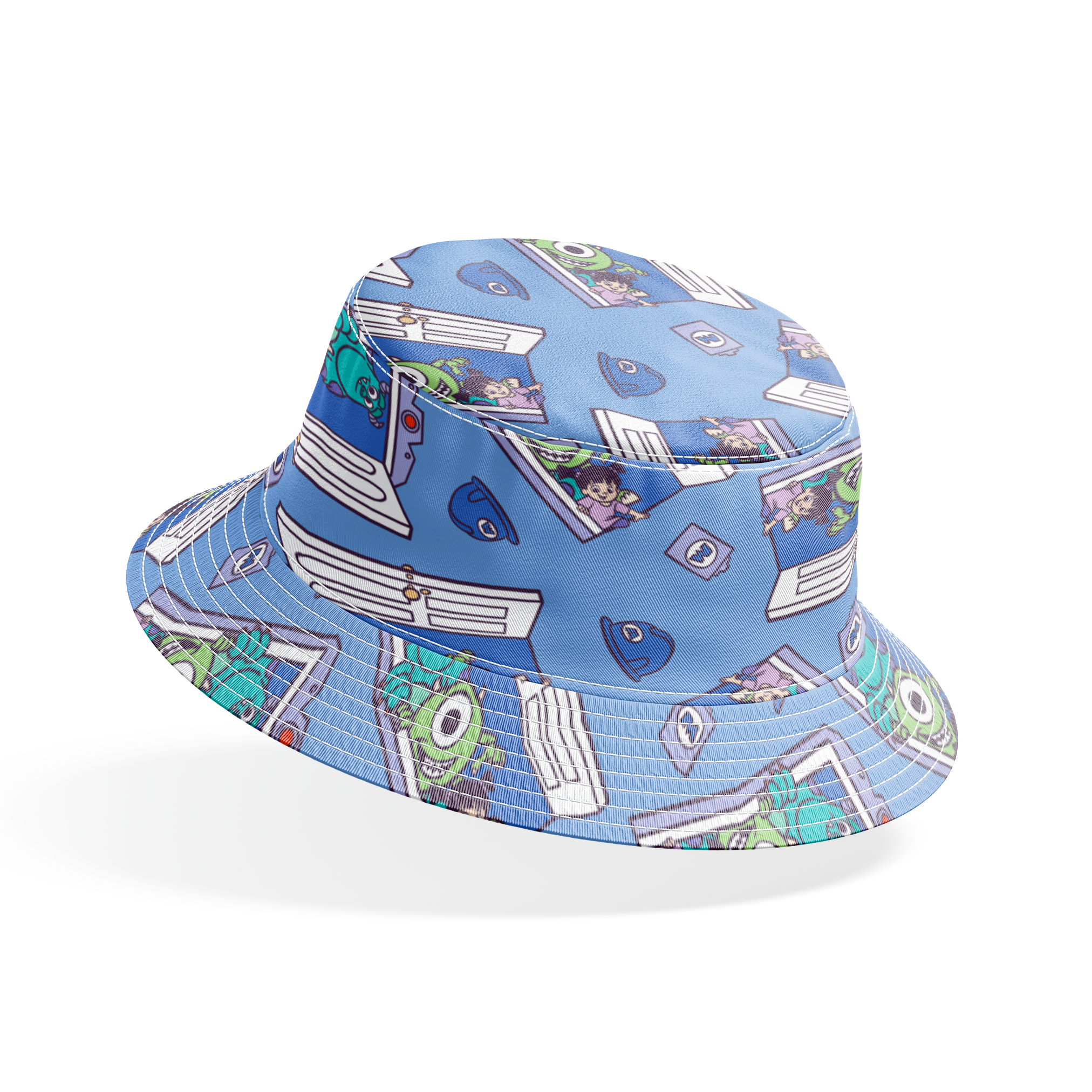 Monsters Inc characters Mike and Sully peeking through doorways on blue background pattern bucket hat mockup